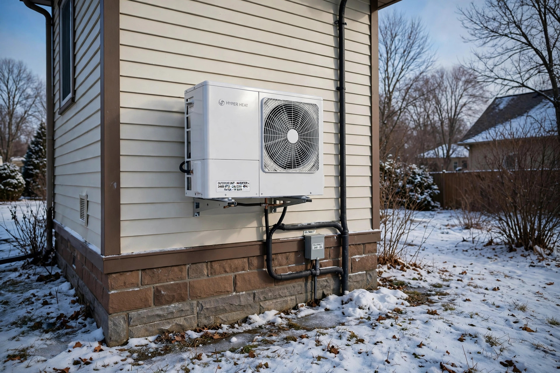 best mini split for cold climates reviews usa: Outdoor mini split heat pump unit with snow on the ground in a cold climate
