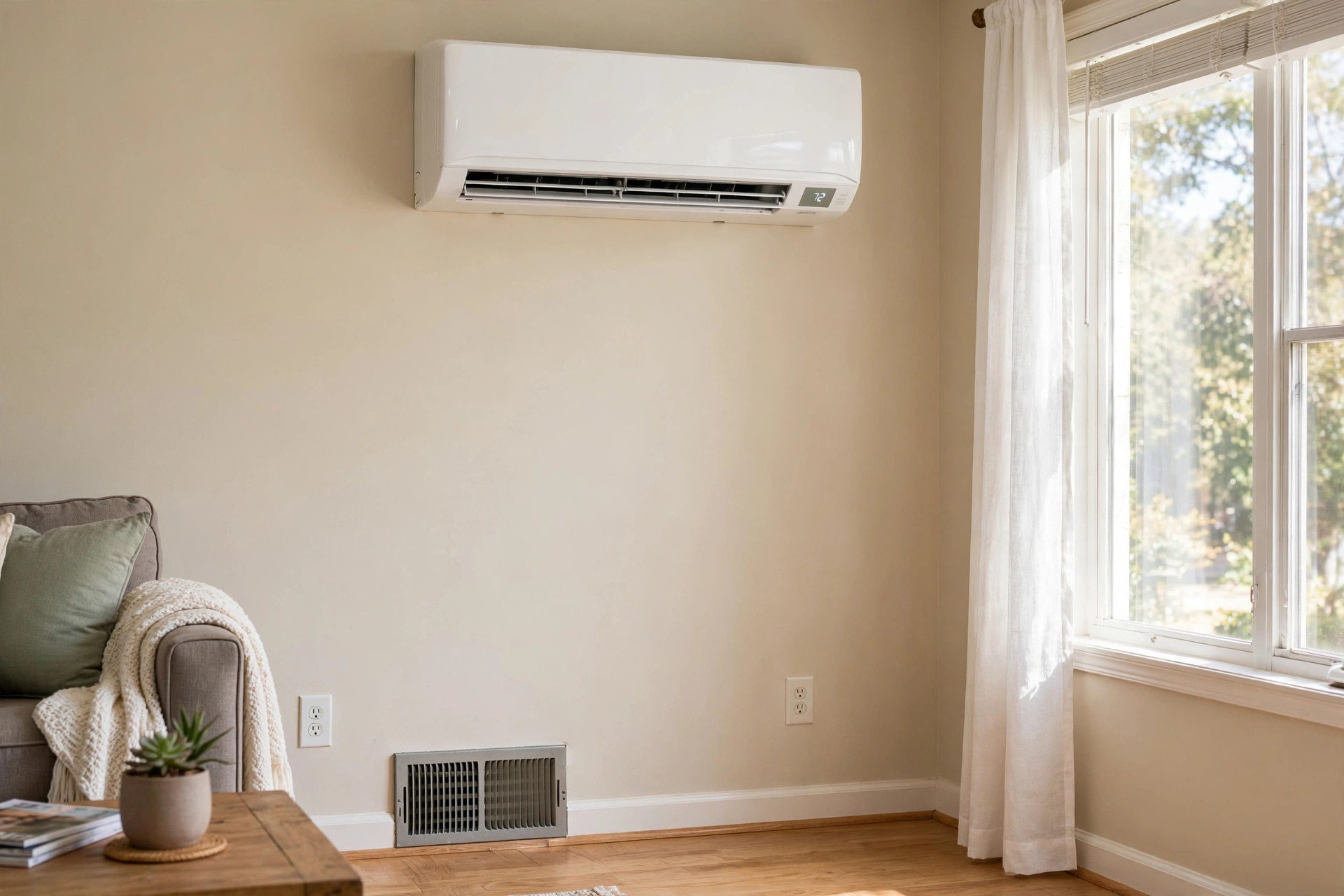 mini split vs central ac cost comparison usa: Wall-mounted mini split indoor unit beside a central air duct register in an American home