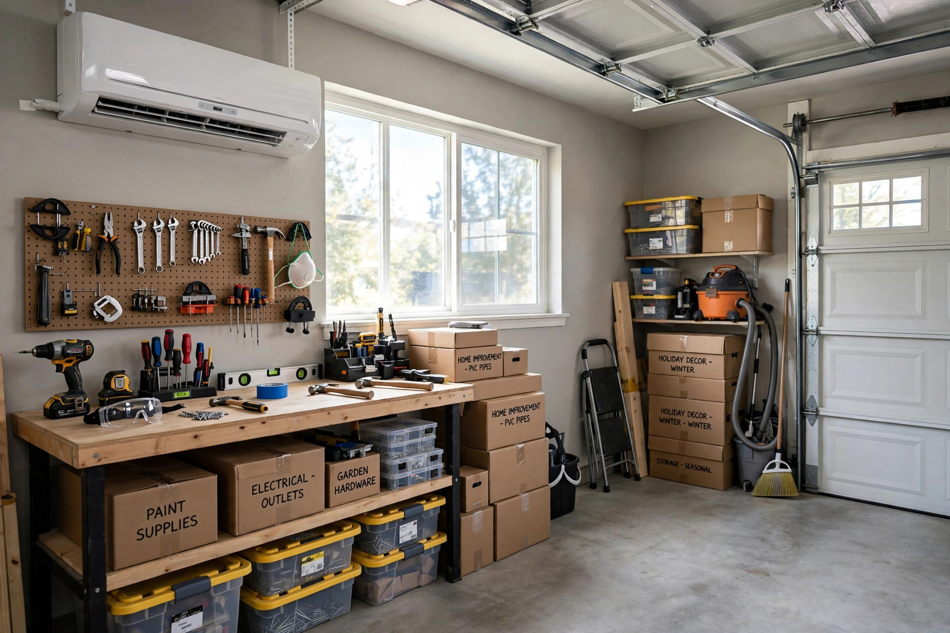 mini split for garage heating and cooling: A ductless mini split air handler mounted on the wall of a finished garage