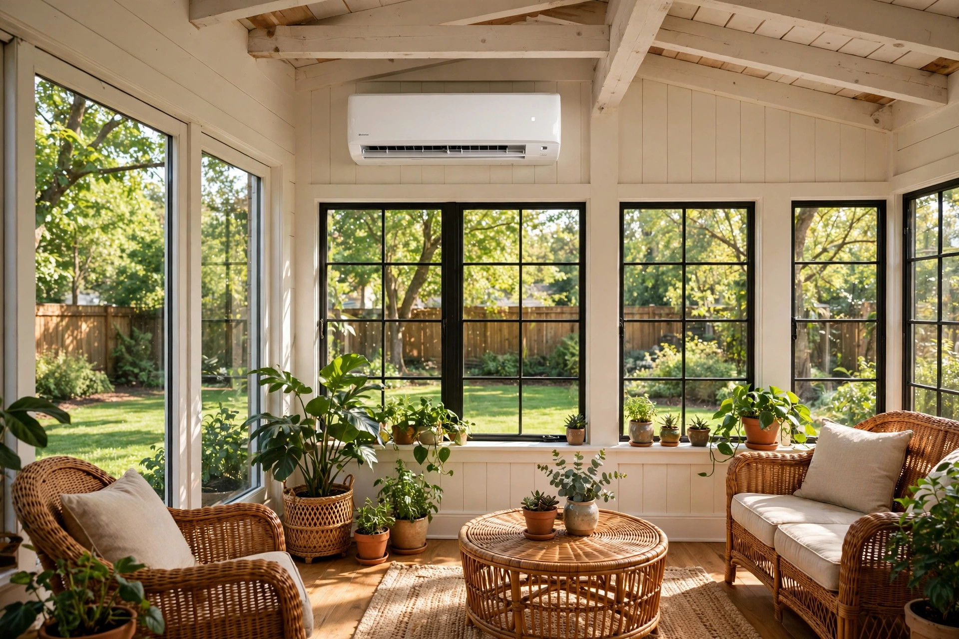 best mini split for sunroom reviews usa: Wall-mounted mini split unit in a bright American sunroom