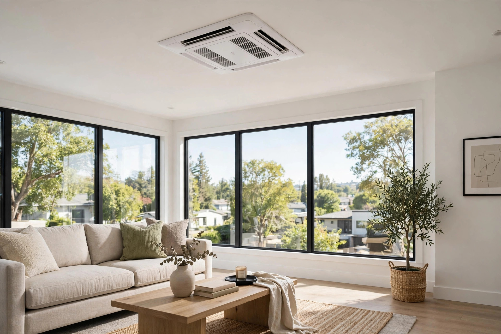 ceiling cassette mini split pros cons usa: Ceiling cassette mini split unit in an American living room