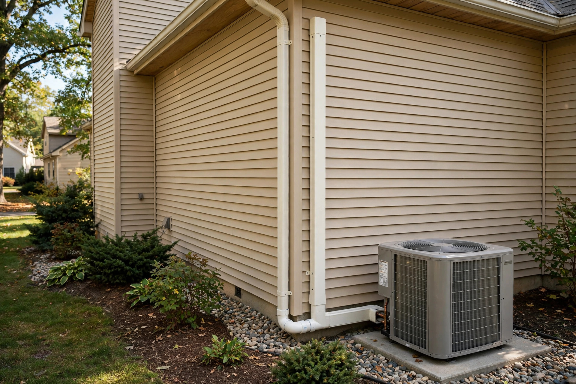 mini split line set cover kit reviews usa: Mini split line set cover kit installed along the side of an American home