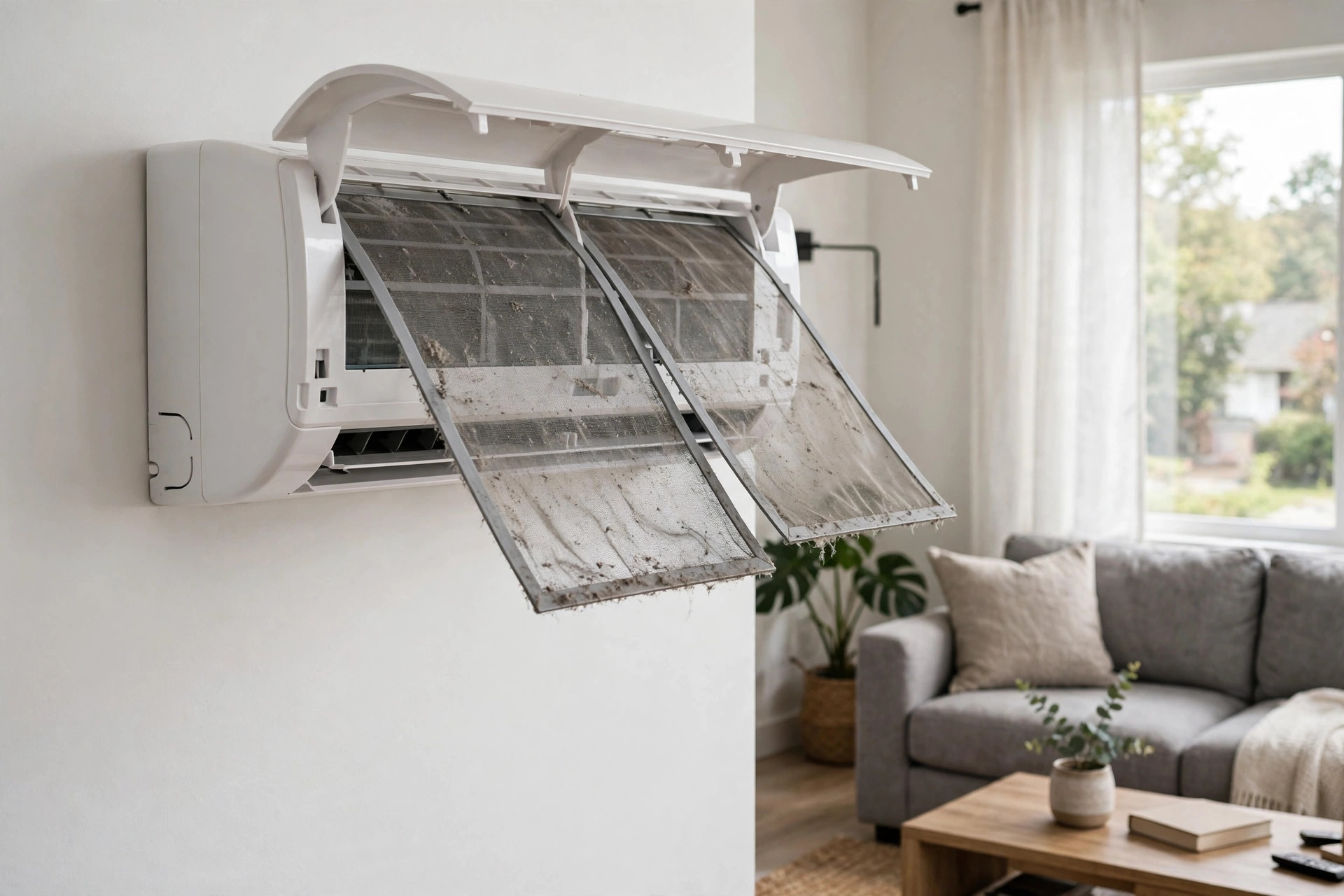 how to clean mini split filters usa guide: A wall-mounted mini split air handler with its front panel open, showing reusable filters, photographed in an American home