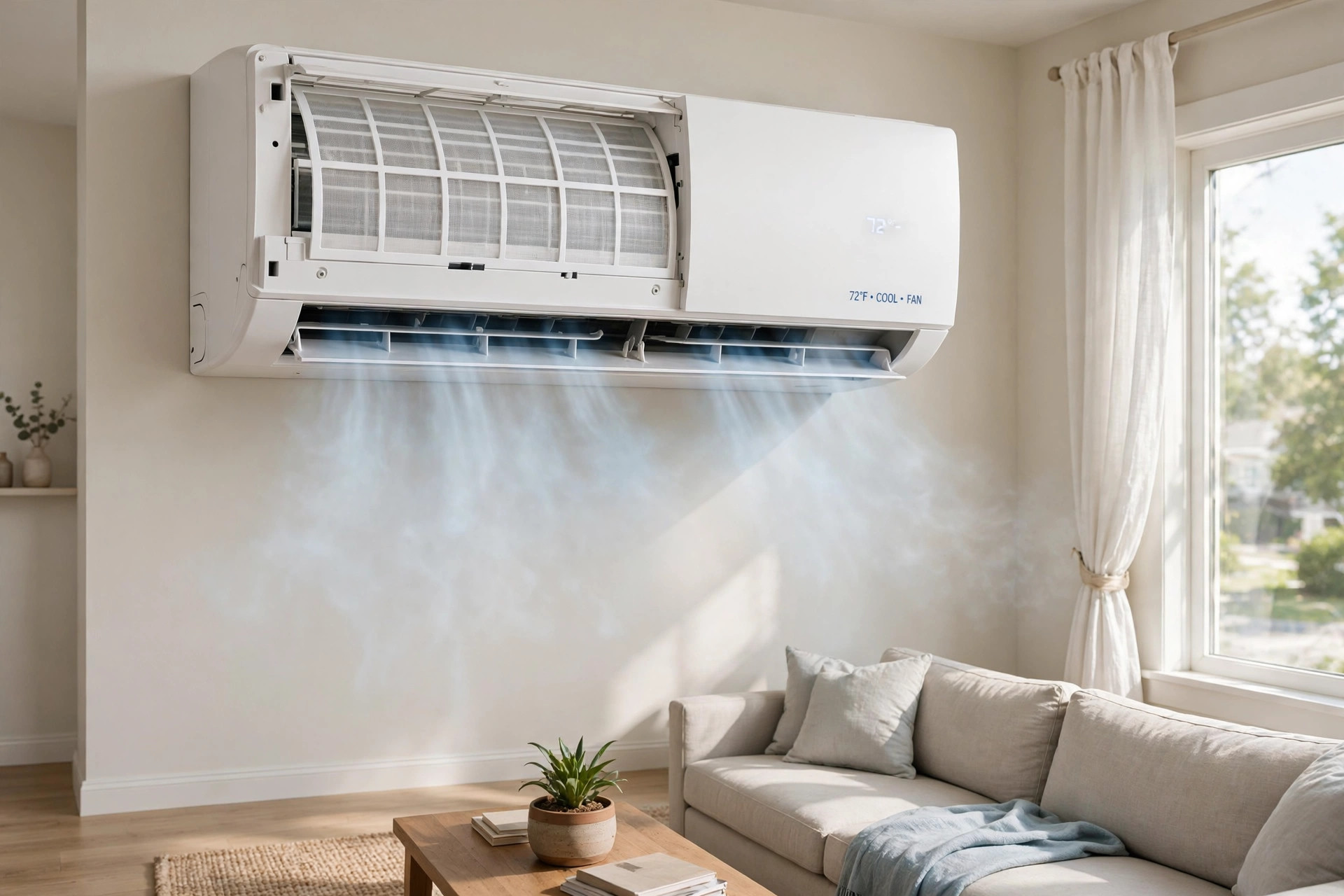 mini split maintenance cost per year usa: Mini split air conditioner wall unit with clean filters in a tidy American living room