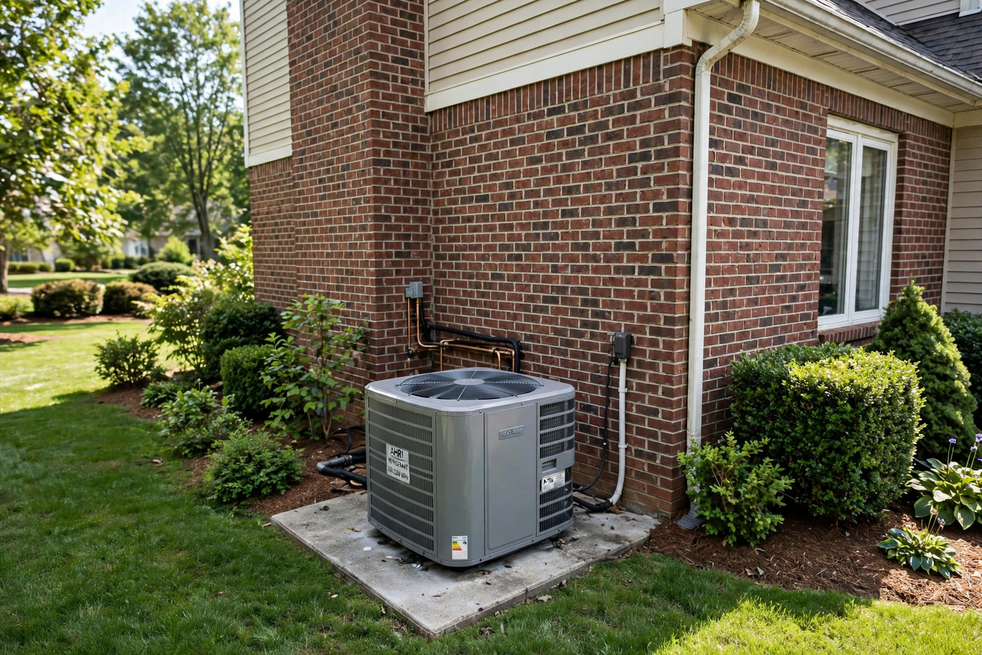 Air source heat pump pros and cons USA: outdoor heat pump unit beside a house