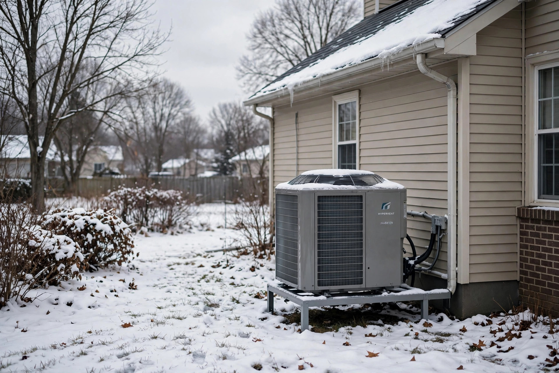 cold climate heat pump reviews 2026 usa: Cold climate heat pump unit beside a home in snow