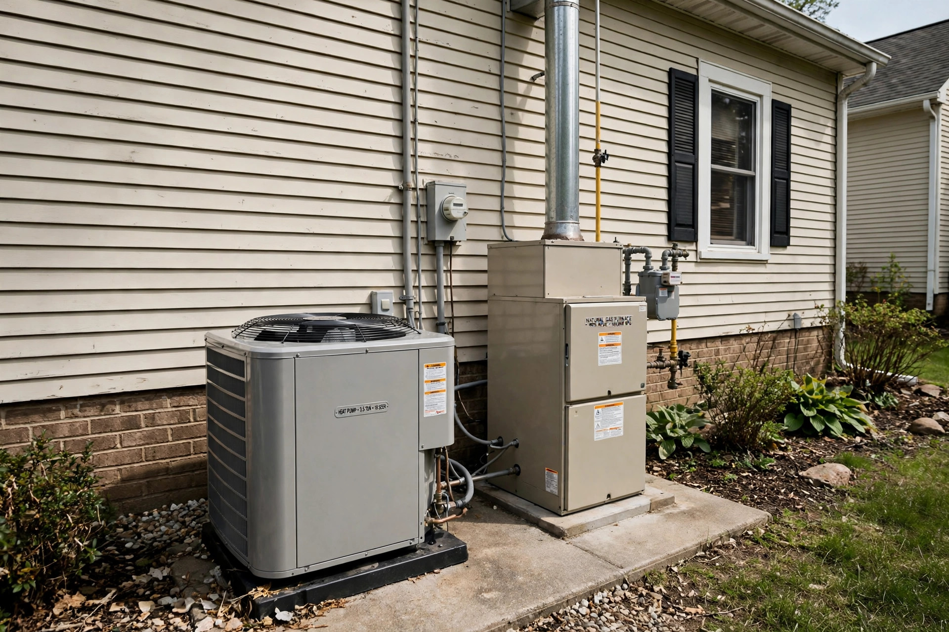 heat pump vs furnace cost comparison usa: Heat pump outdoor unit and gas furnace at an American home