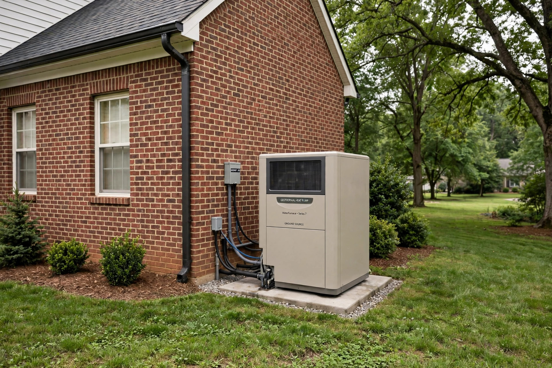 geothermal heat pump cost per ton usa: Geothermal heat pump unit installed beside an American brick home