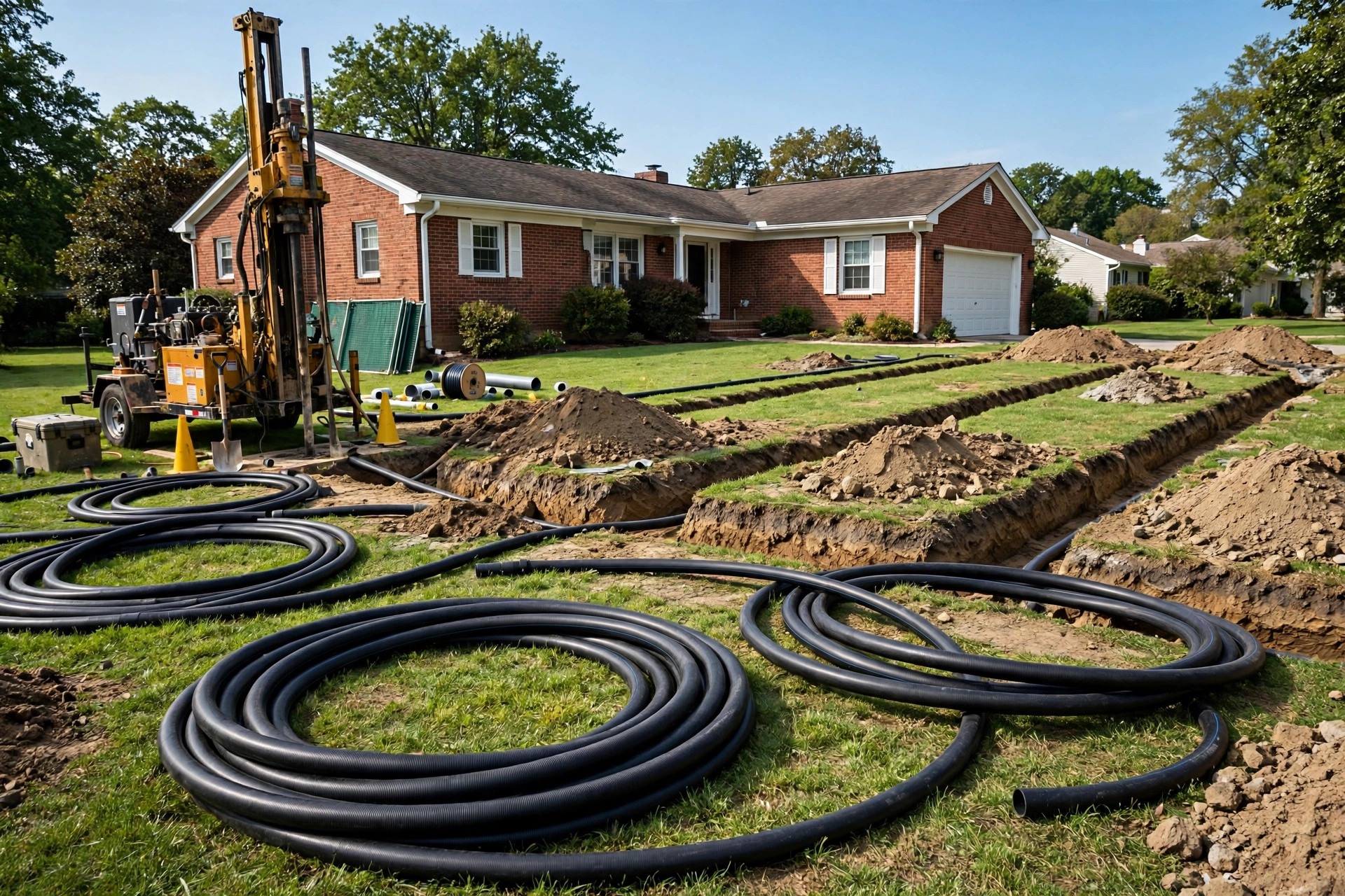 ground source heat pump installation cost usa: Ground source heat pump system with an underground loop beside an American home