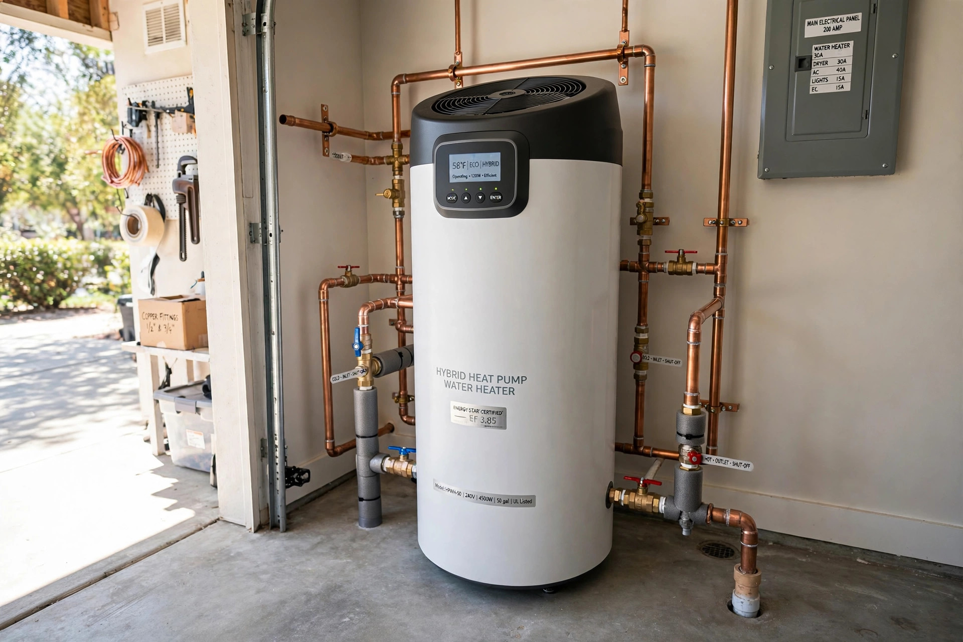 heat pump water heater vs gas cost usa: Heat pump water heater installed in an American home utility room