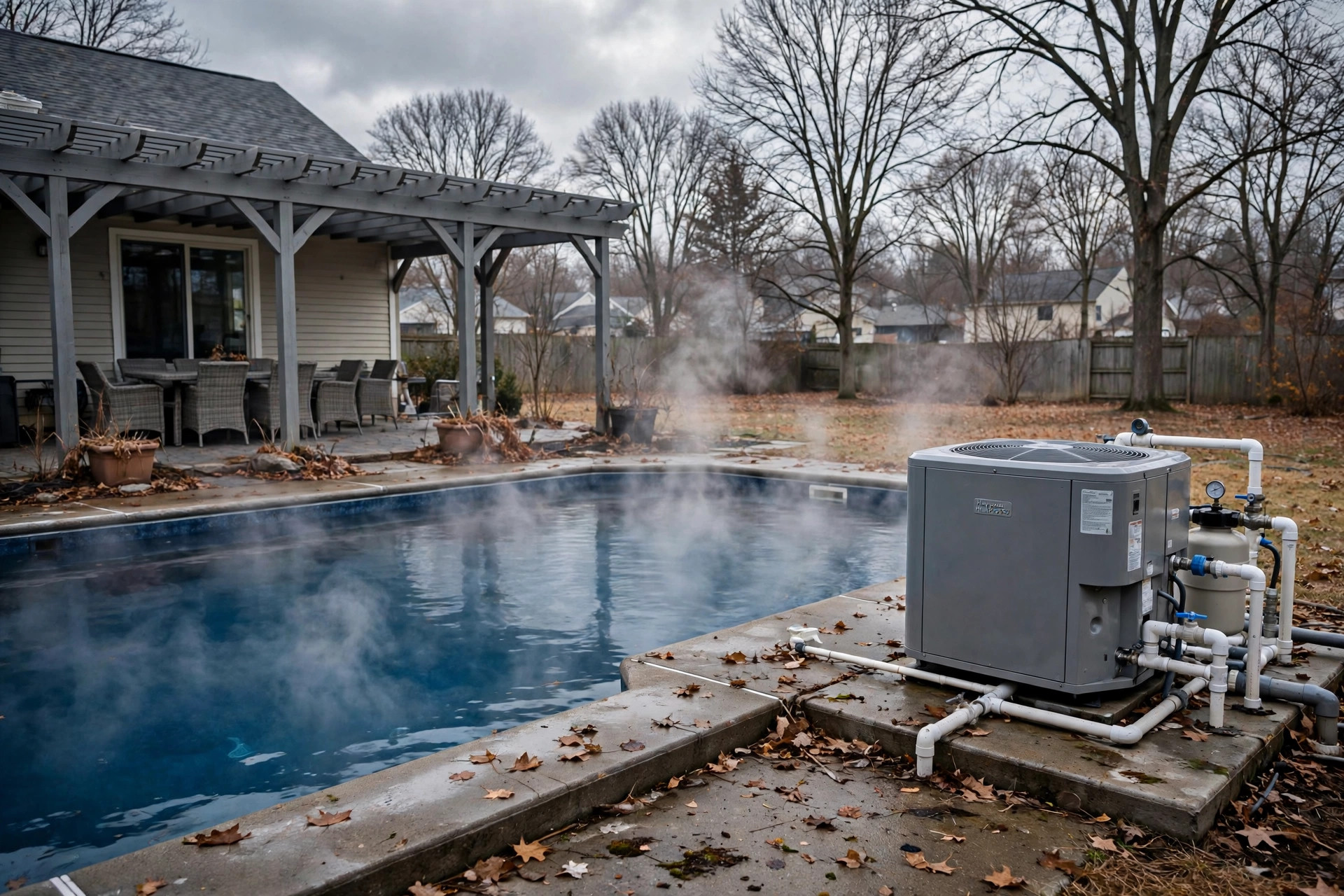 A heated inground pool with rising steam on a cold morning, best pool heater for cold climates usa