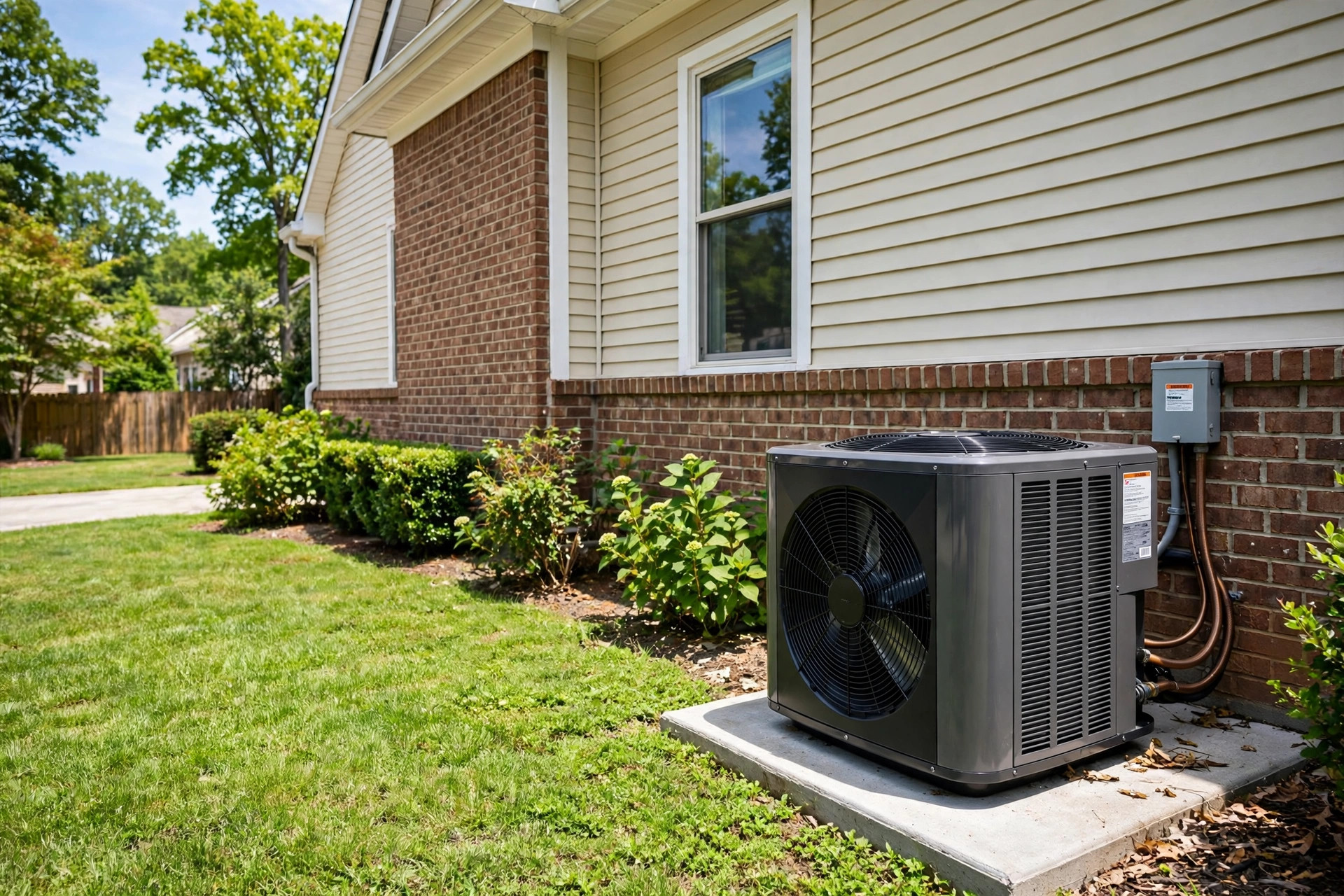 best central air conditioner brands 2026 usa: Modern central air conditioner condenser unit beside a suburban home