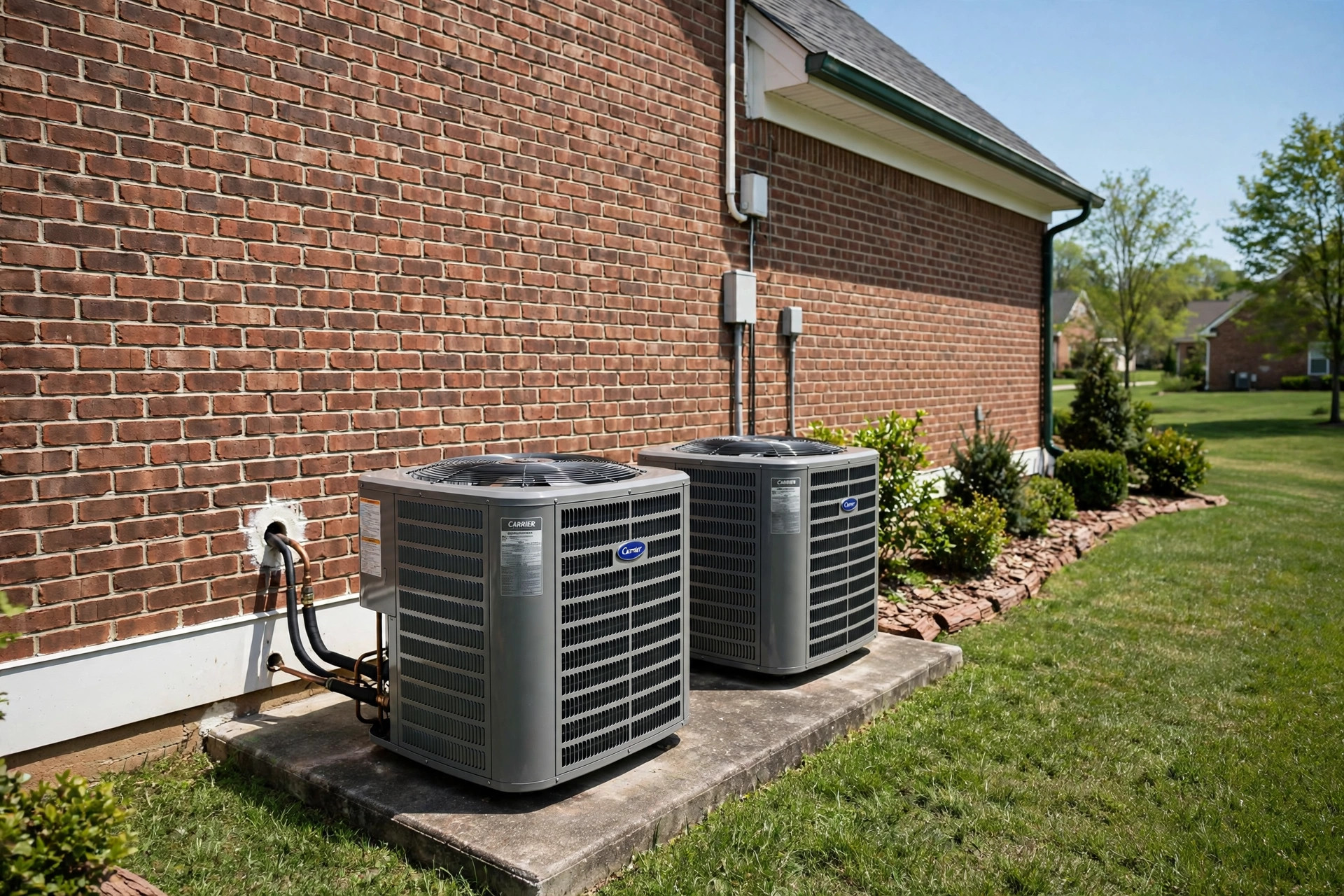 Trane vs Carrier AC comparison reviews USA: two central air conditioner condenser units beside an American home
