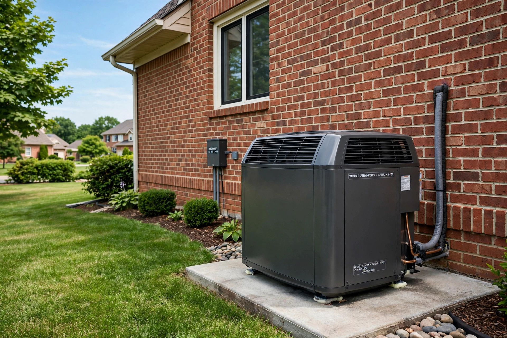 Variable speed AC pros and cons reviews USA outdoor condenser unit beside a home