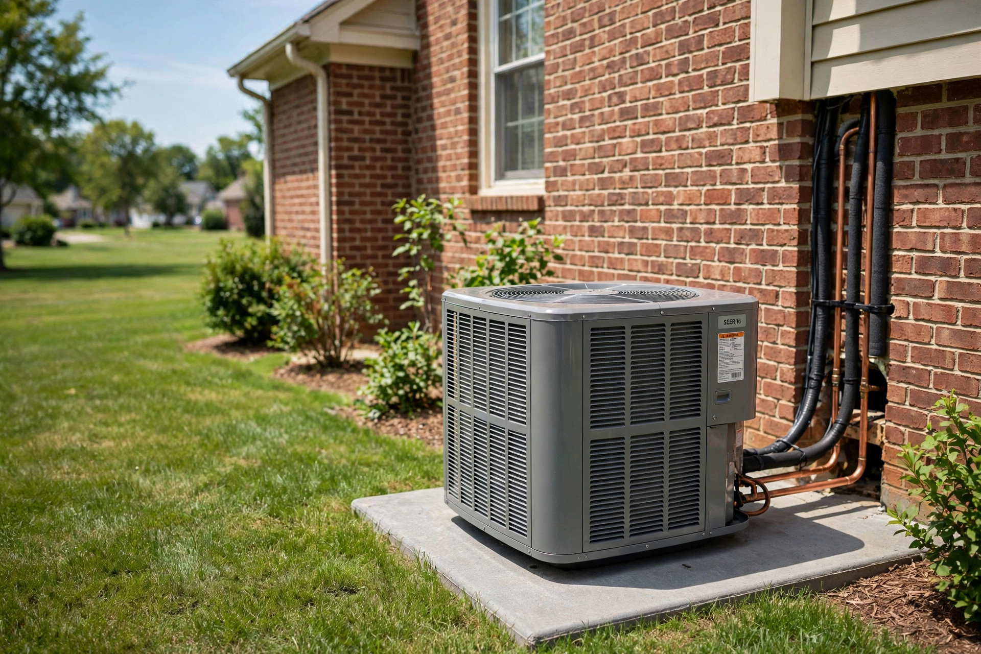 how to size central ac unit usa guide: Central air conditioner condenser unit beside an American home on a summer day