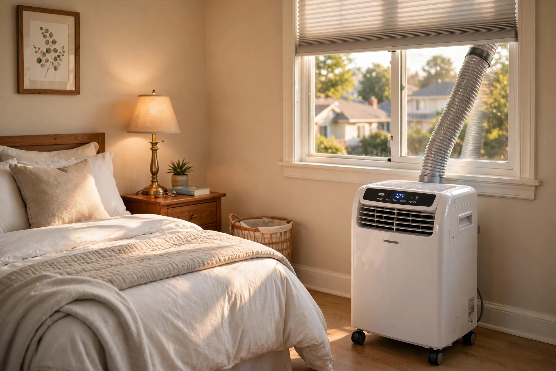 best portable ac for bedroom reviews usa: A portable air conditioner unit in a small American bedroom, hose to window