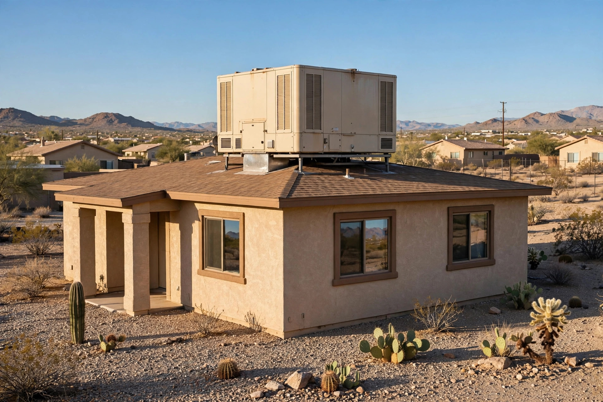 Swamp cooler unit on a dry-climate American home roof for swamp cooler vs ac for dry climates usa