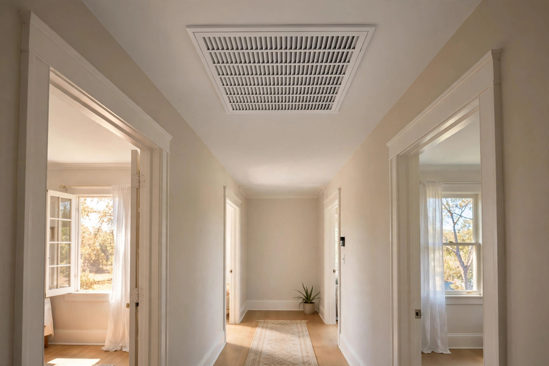 whole house fan installation cost usa: Whole house fan vent in a hallway ceiling of an American home