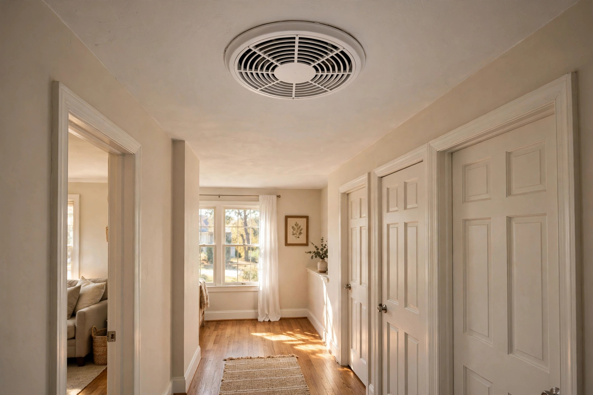 quietcool whole house fan reviews usa: QuietCool whole house fan ceiling grille in a home hallway