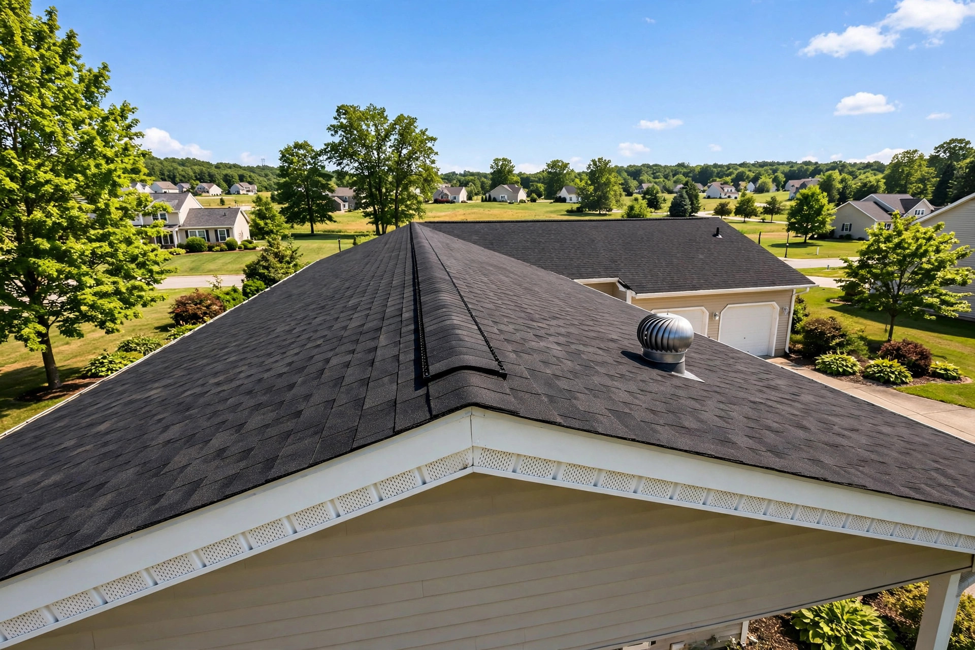 Attic ridge vent and soffit vents on a sunlit American home showing the best attic ventilation for hot climates usa