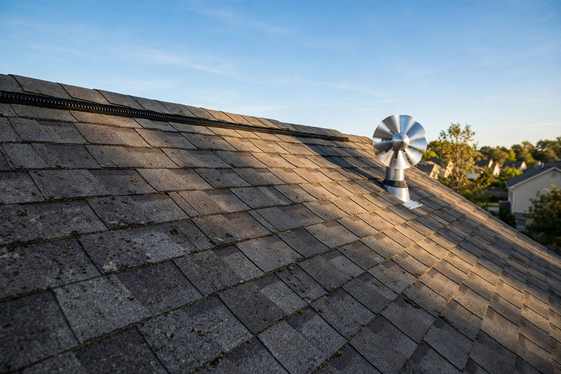ridge vent vs turbine vent comparison usa: Ridge vent and turbine vent on an American home roof
