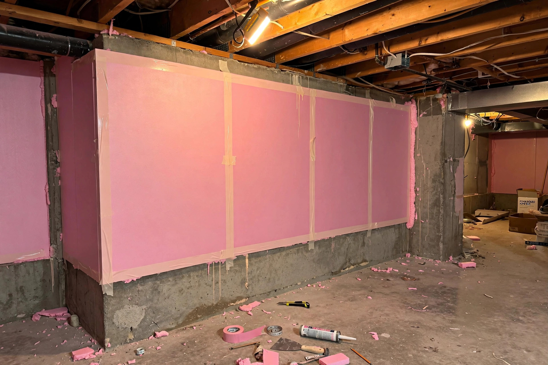 rigid foam insulation for basement walls usa: Rigid foam insulation panels installed on basement walls in an American home