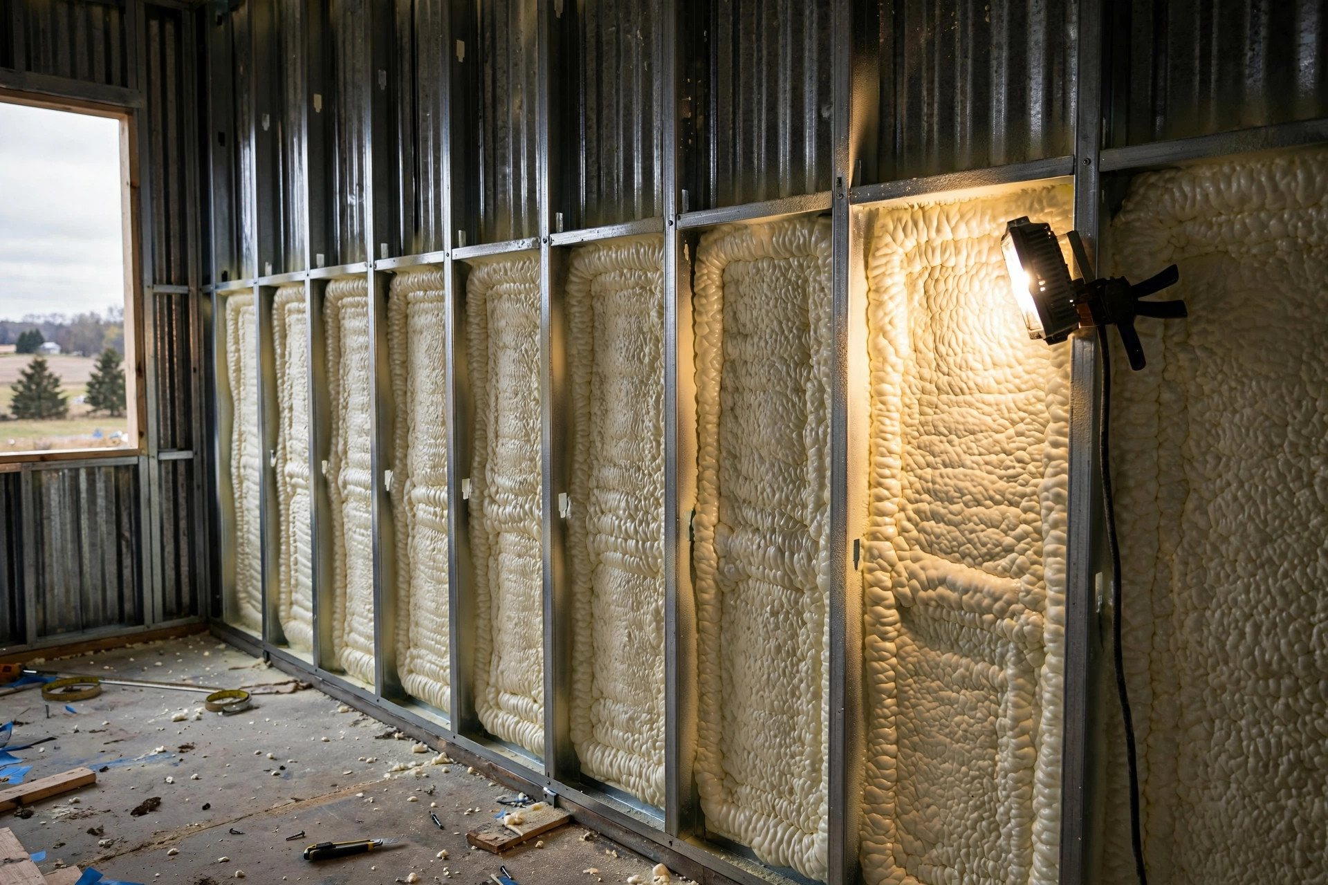 barndominium insulation options and costs usa: Spray foam insulation in metal barndominium wall cavity