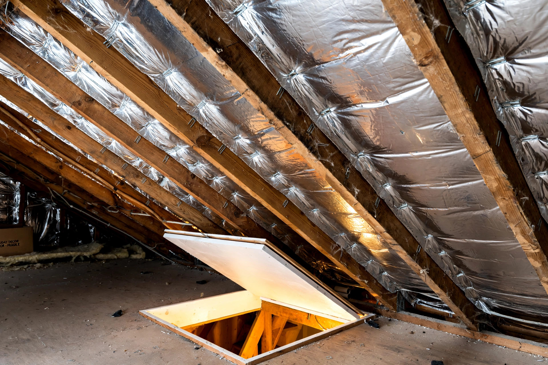 radiant barrier installation cost near me: Foil radiant barrier installed under attic rafters
