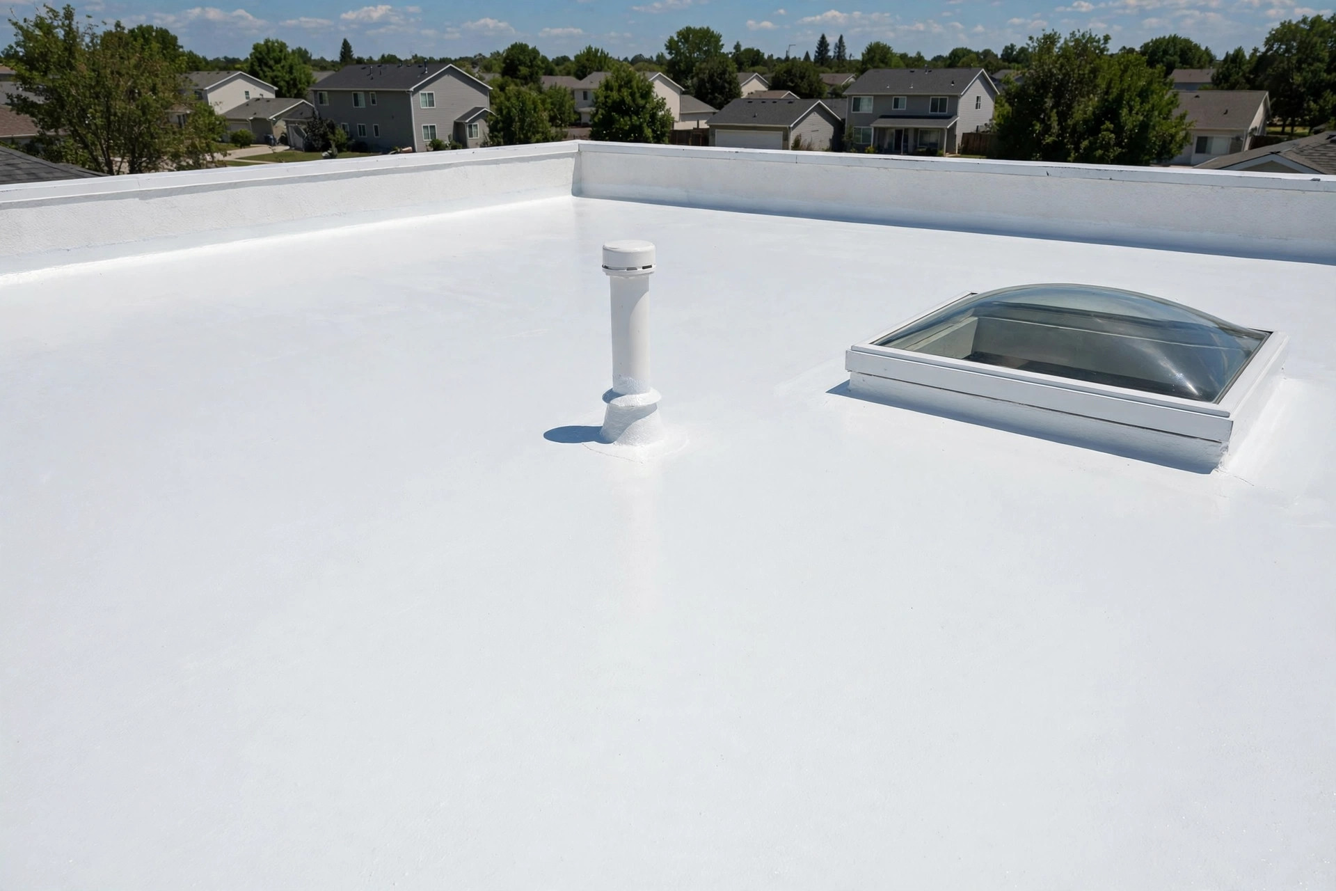 reflective roof coating reviews for flat roofs: Reflective roof coating on a flat roof keeping a home cooler