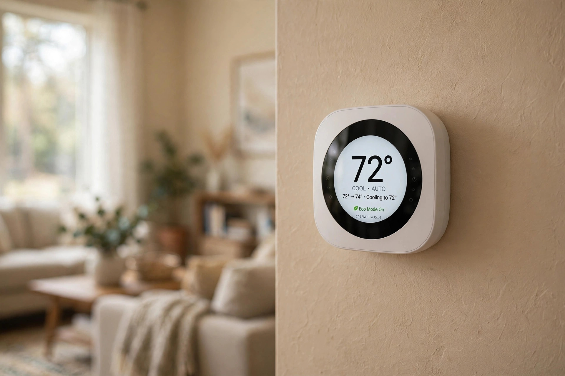 Smart thermostat on the wall of an American home for best thermostat for heat pump reviews usa