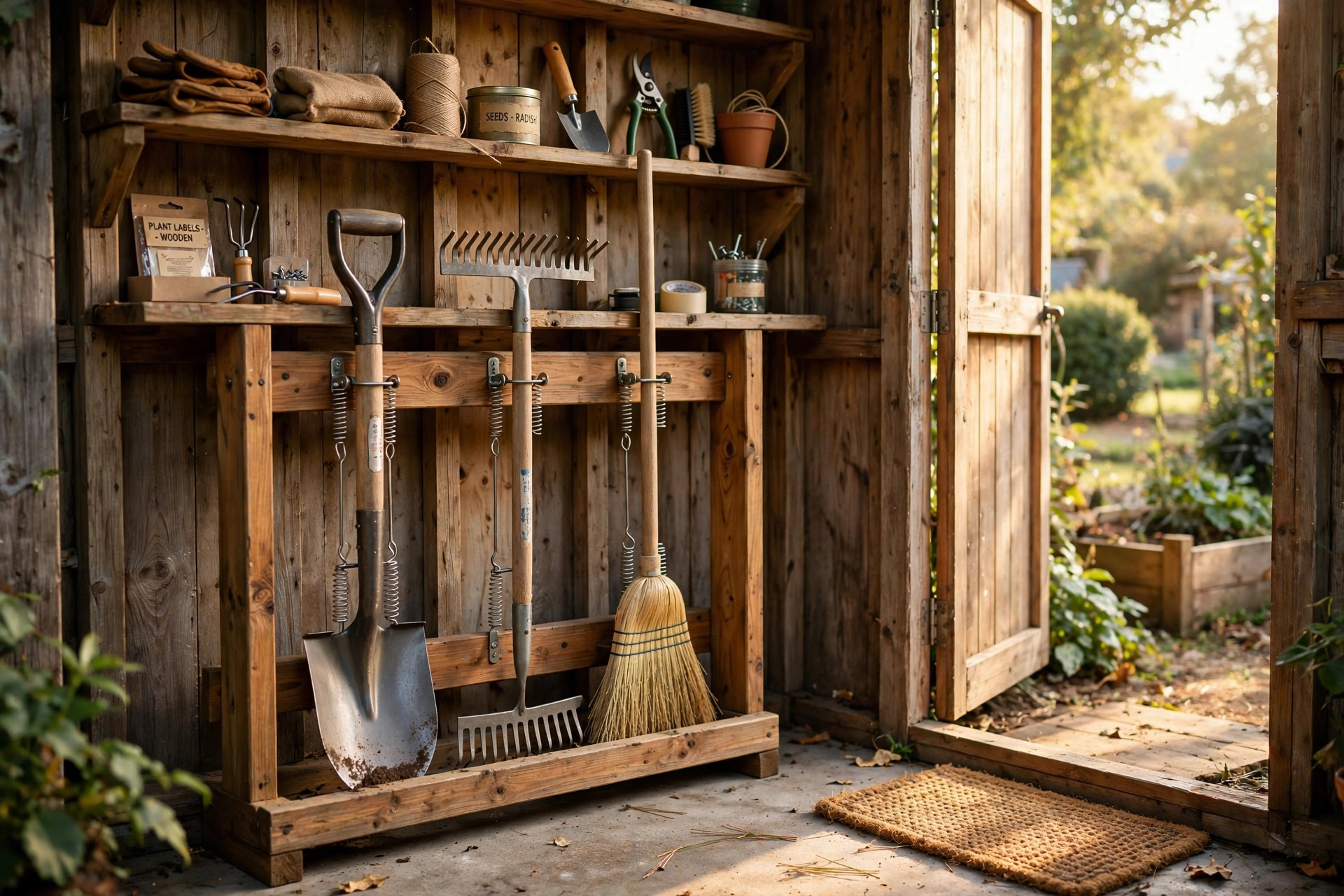 Wooden garden tool storage rack with shovels and rakes in a shed, best garden tool storage rack reviews