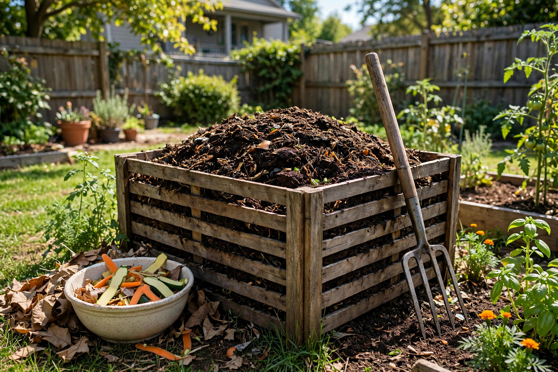 A backyard compost bin beside a kitchen bowl of vegetable scraps for how to compost food scraps safely