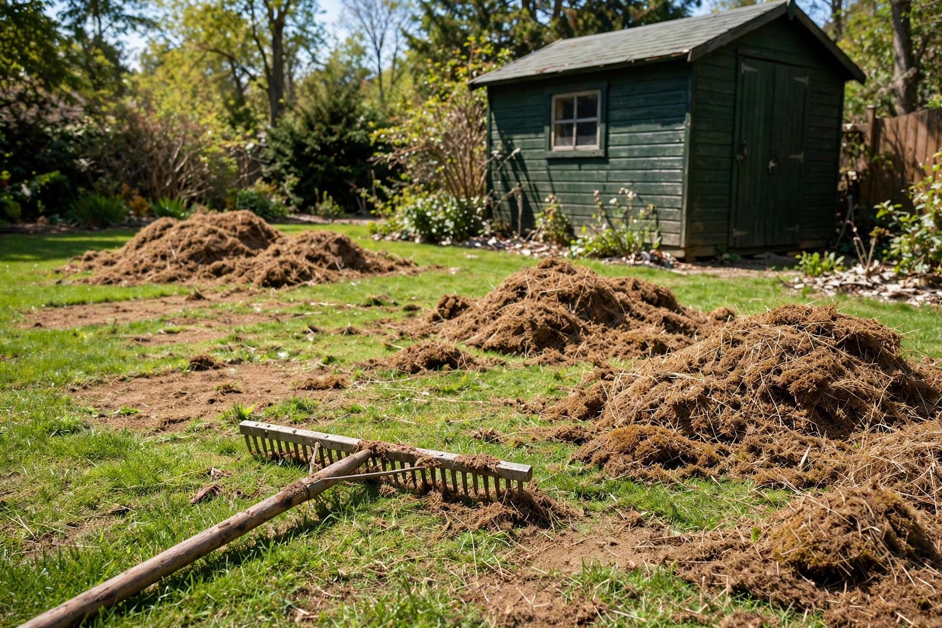 Best garden rake for thatch removal leaning against a garden shed on a green lawn