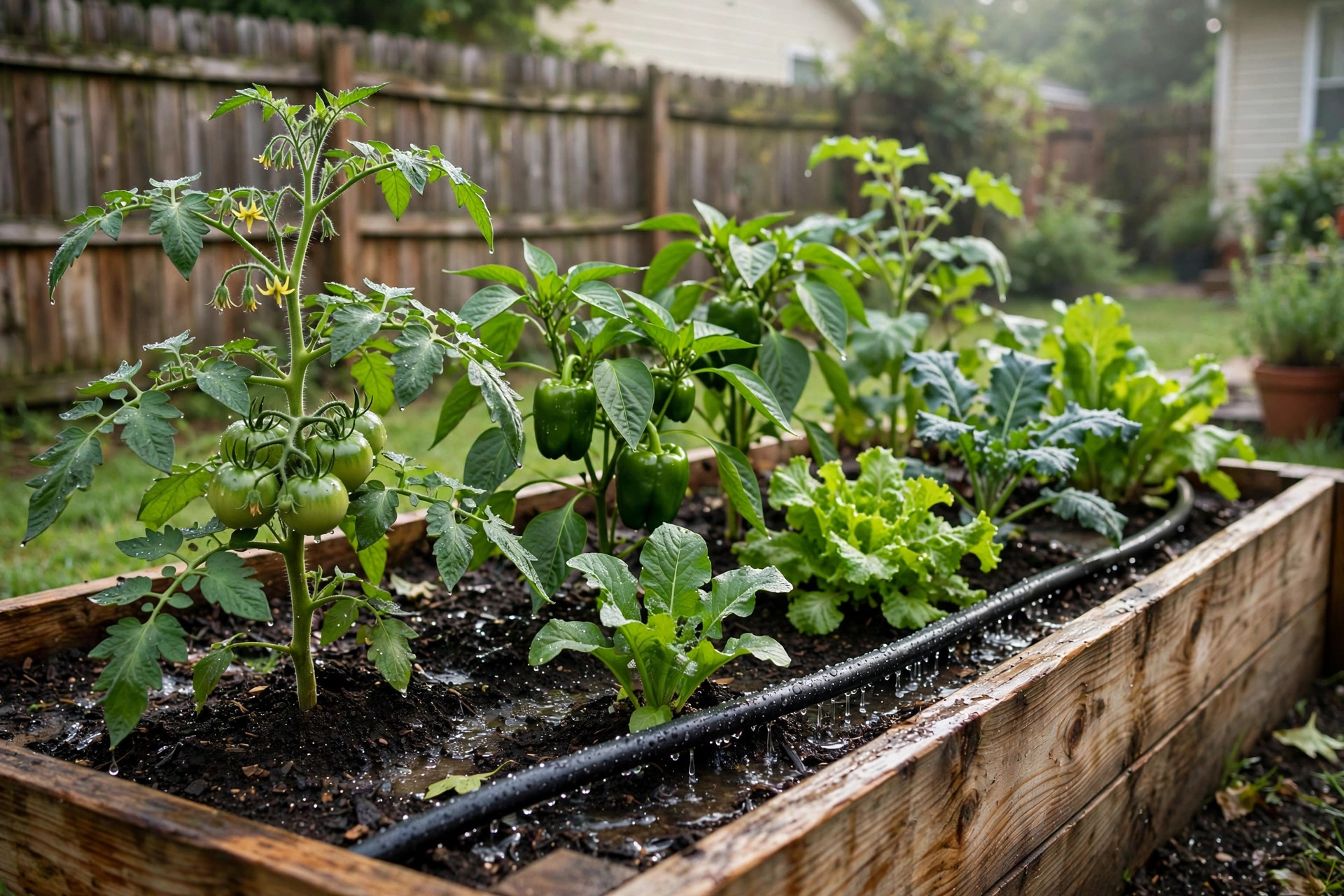 Raised bed watering schedule for vegetables shown in a home garden