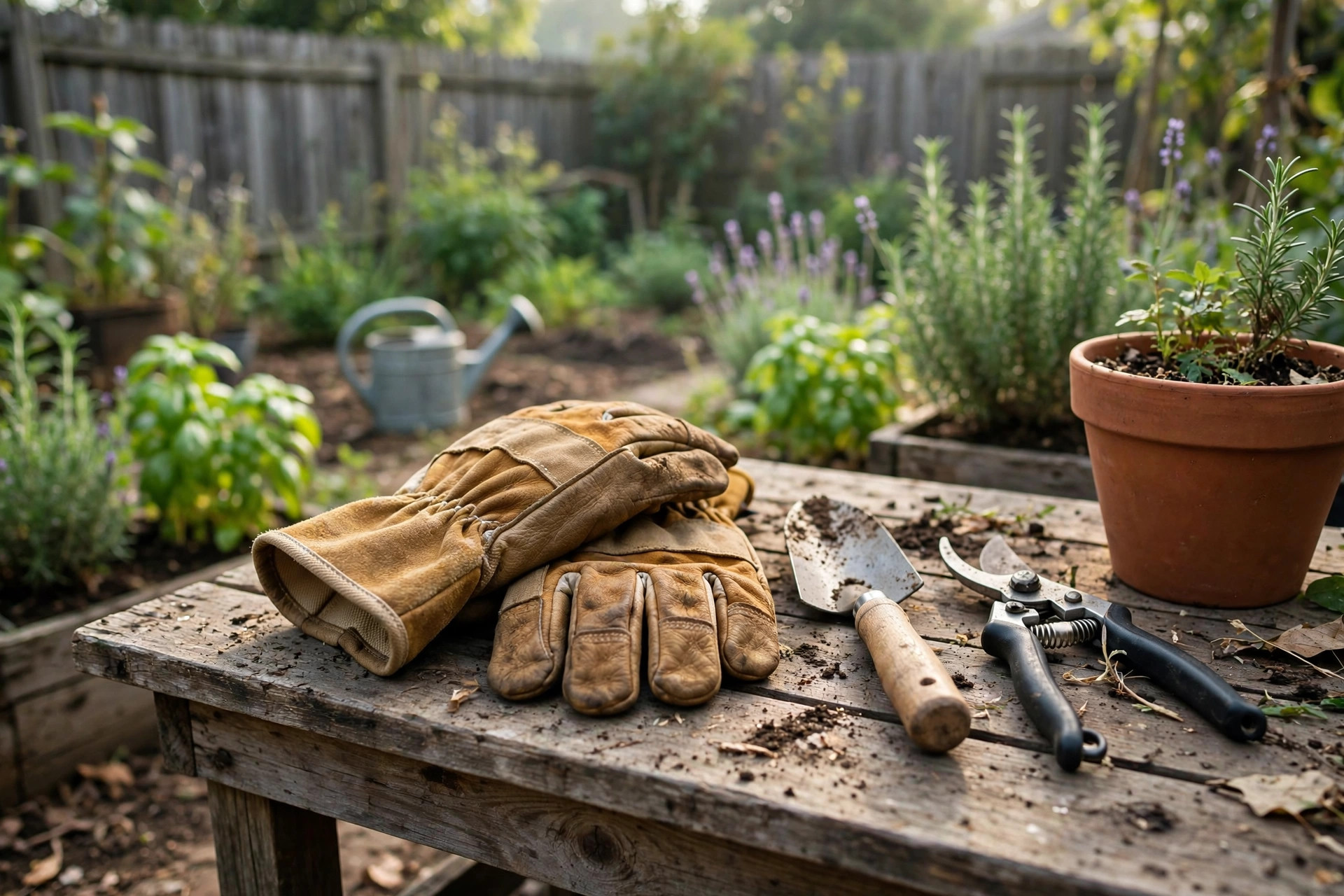 Best garden gloves for landscaping work shown on a potting bench in an American backyard