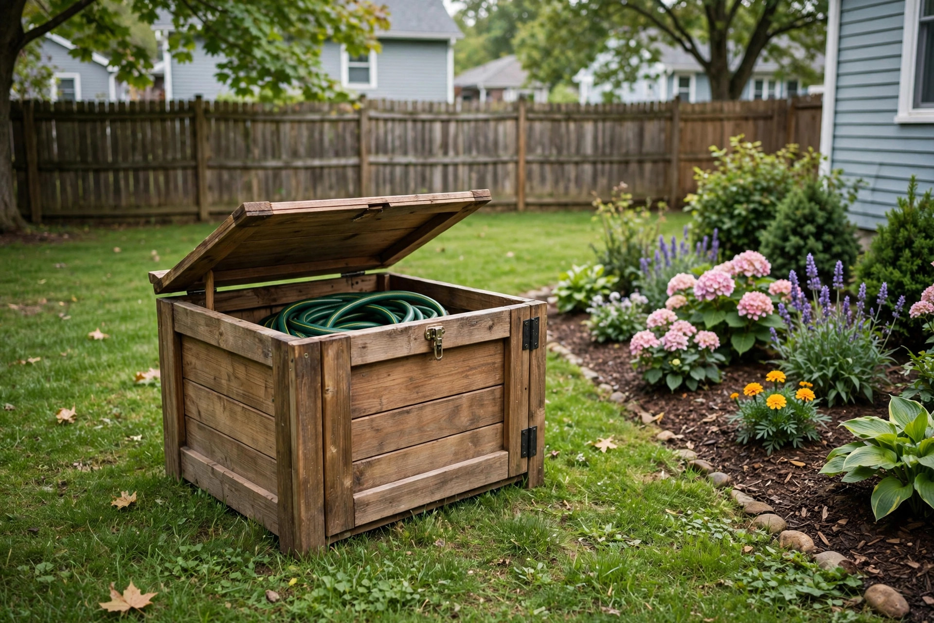 A wooden garden hose storage box beside a tidy flower bed with the best garden hose storage box reviews in mind