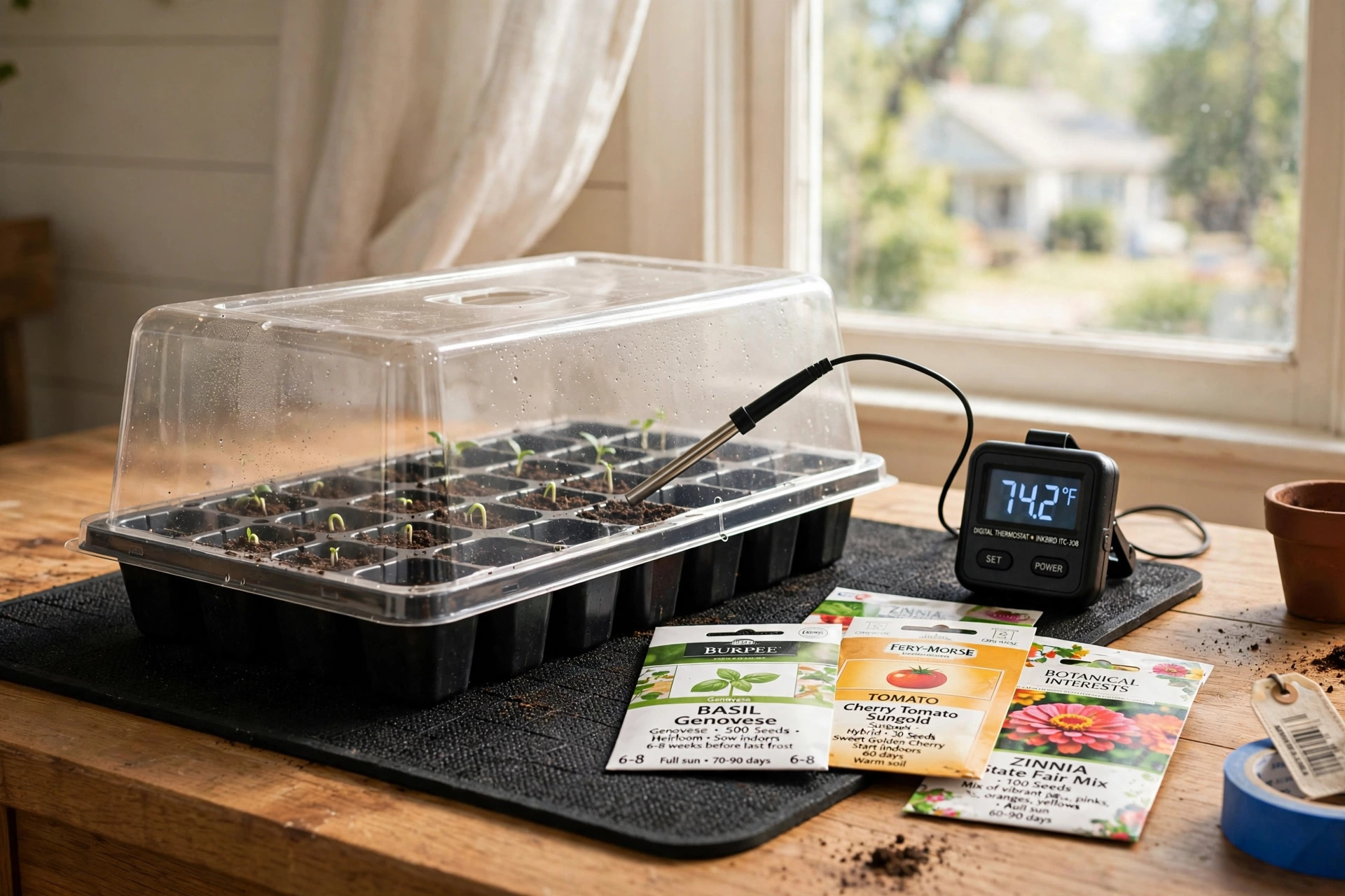 seed starting heat mat thermostat reviews: Seed starting heat mat thermostat on a tray of seedlings by a window