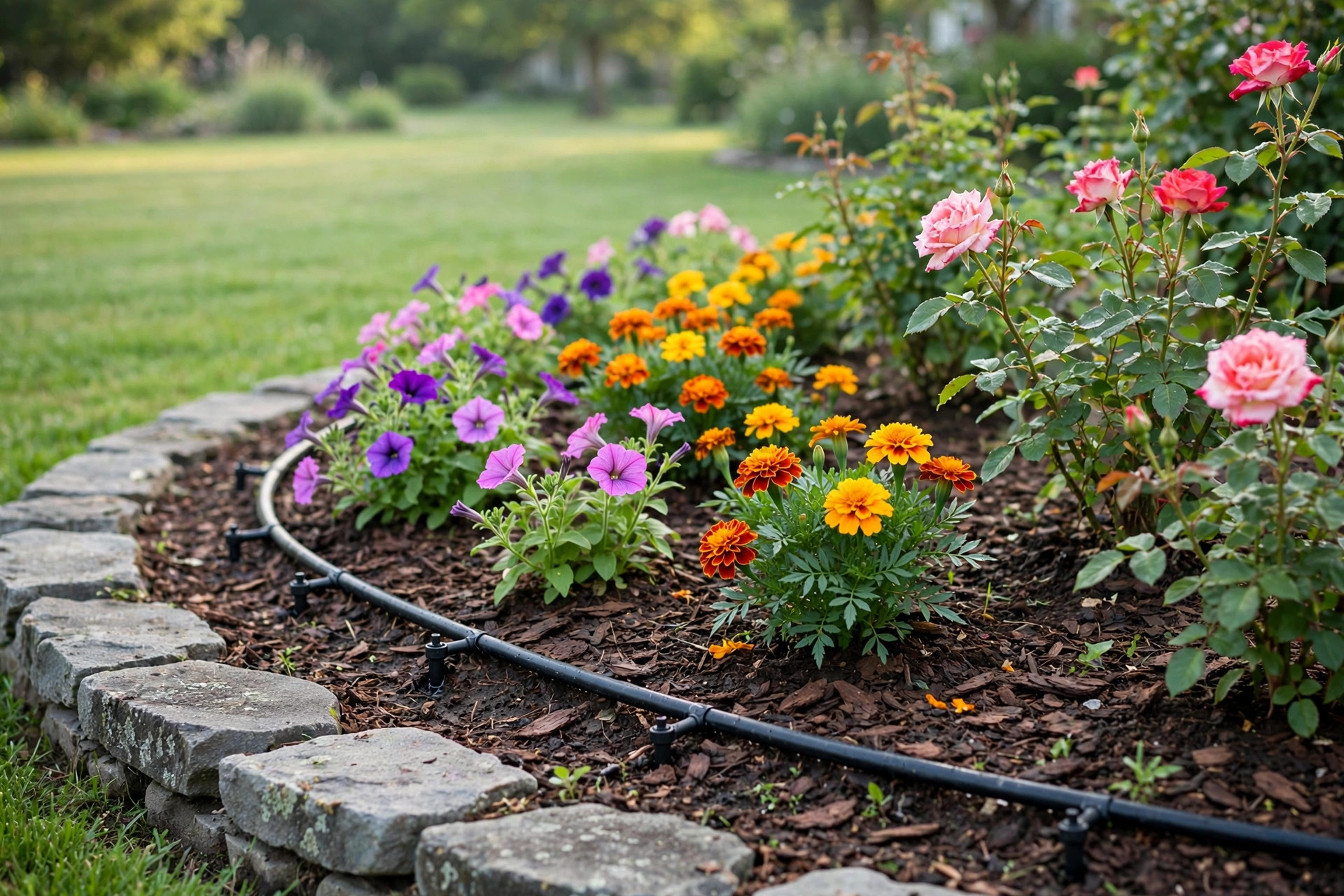Drip irrigation kit for flower beds watering colorful blooms