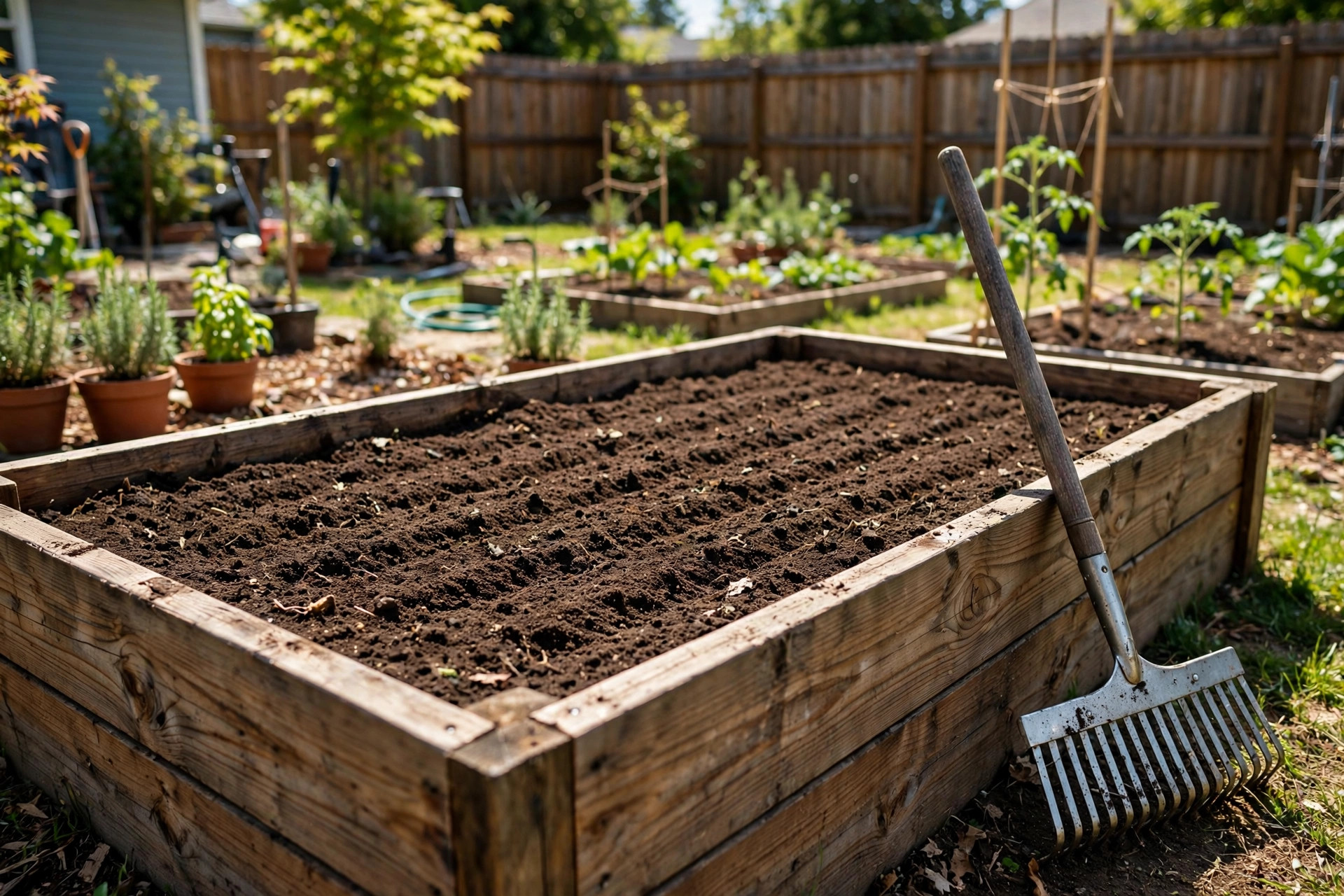 best garden soil for raised beds: Dark rich garden soil in a wooden raised bed, ready for planting