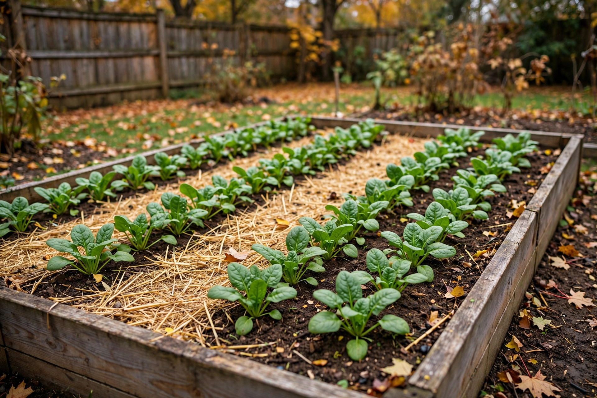 How to grow spinach in fall — rows of young spinach plants in a raised bed