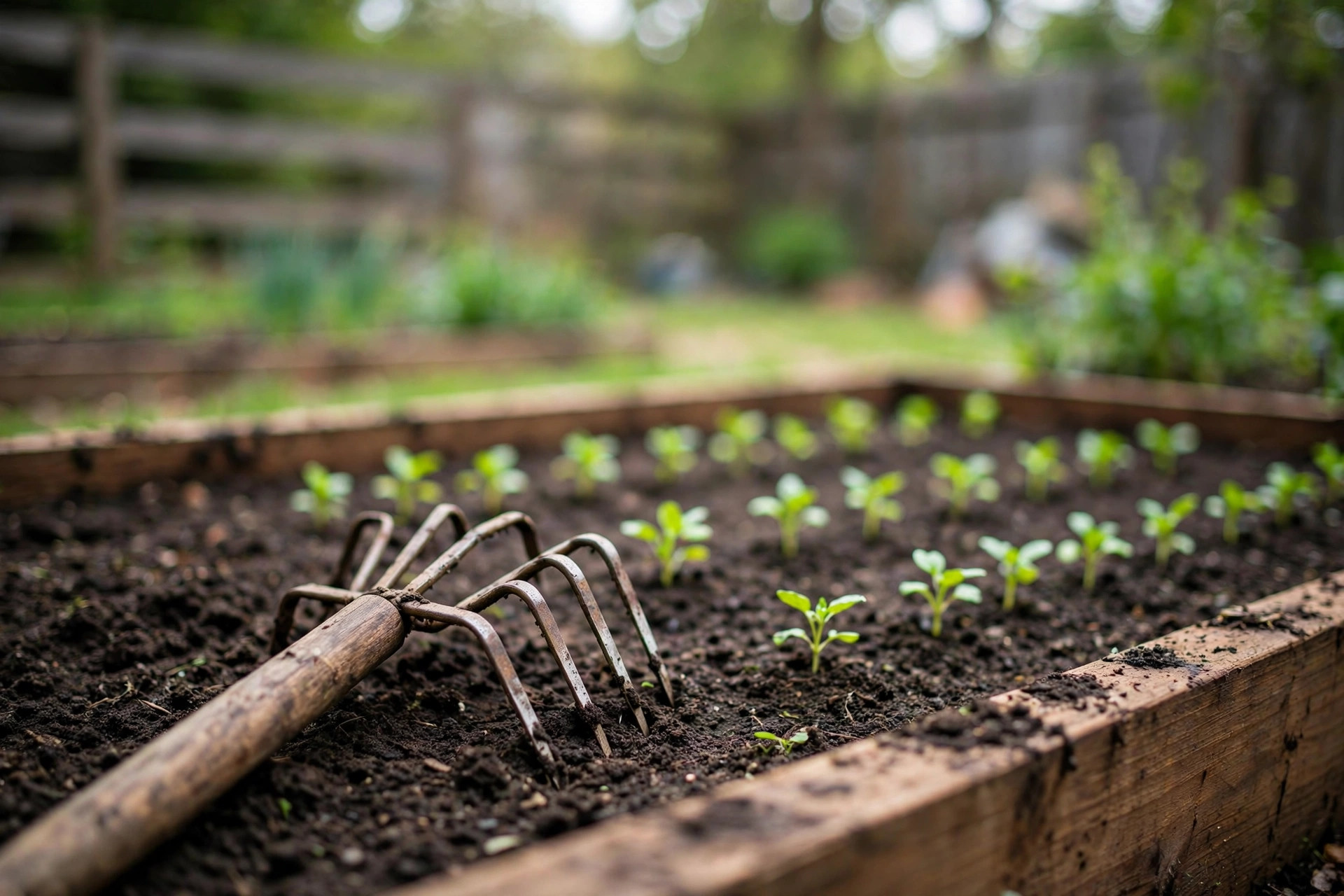 A garden hand rake resting on soil in a small raised bed, with the best garden hand rake for small beds shown beside young plants