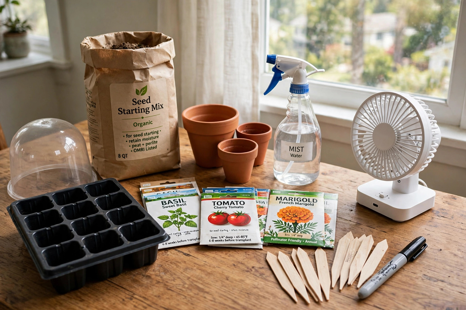 Seed starting supplies checklist for beginners: trays, soil, and tools in a bright room
