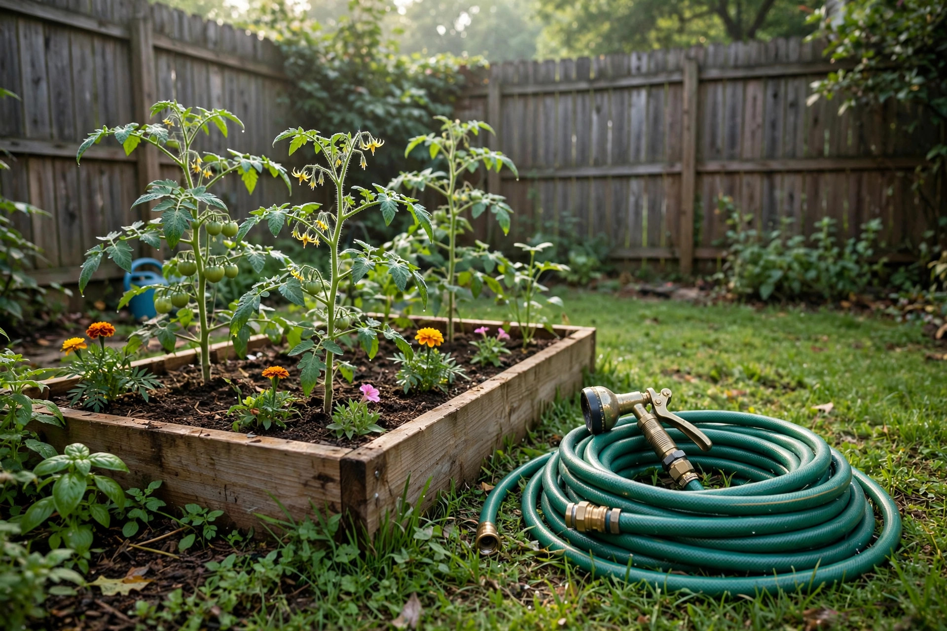 Best garden hose for small garden coiled neatly beside a raised bed