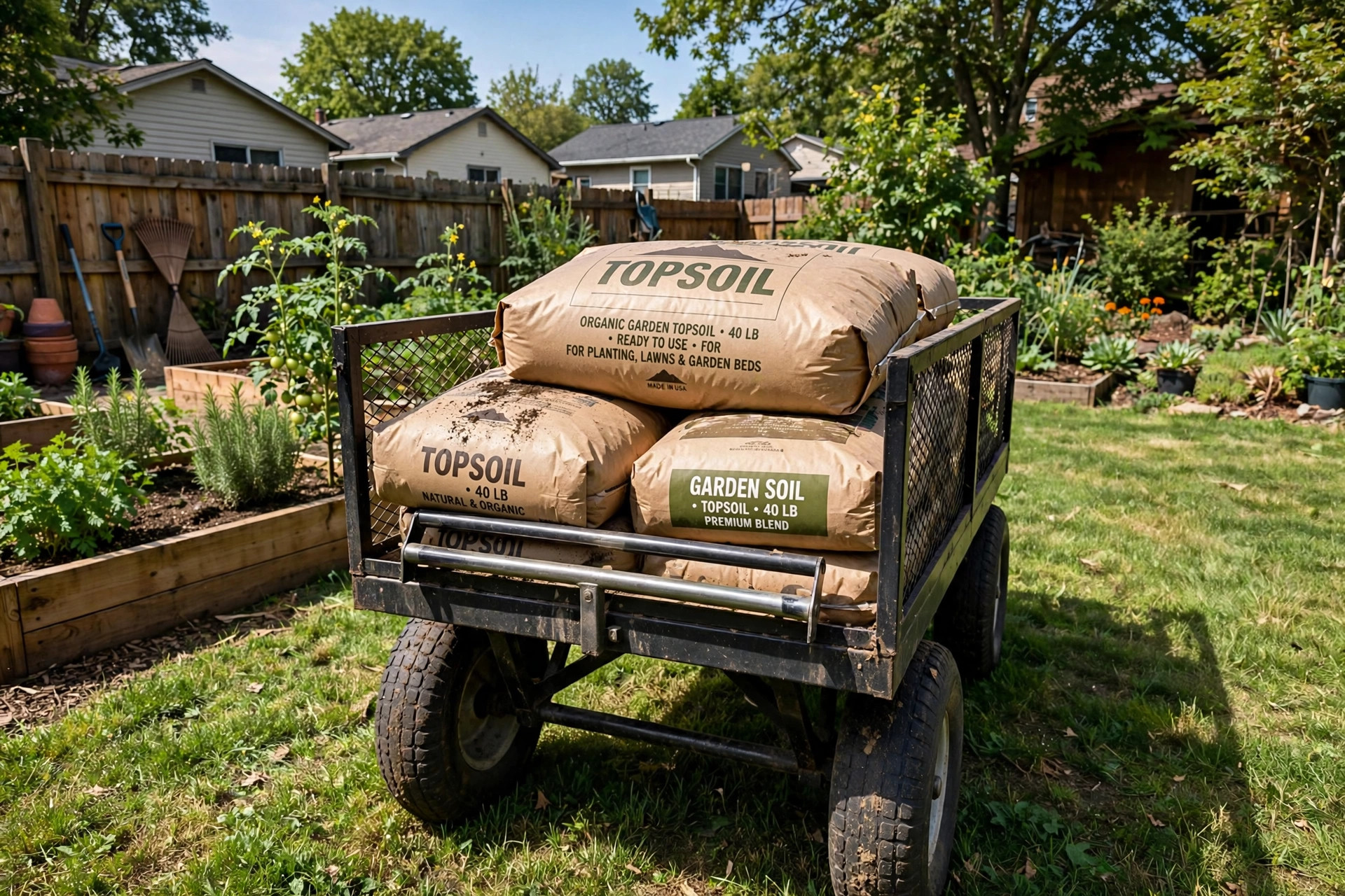 best garden wagon for hauling soil: Garden wagon loaded with bags of soil in a backyard