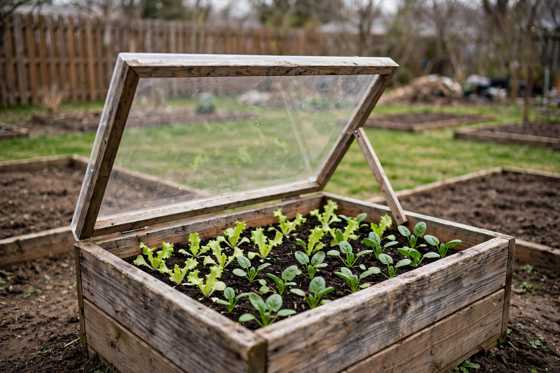 cold frame gardening tips for beginners: A cold frame in an American backyard garden with the lid open, young green plants growing inside