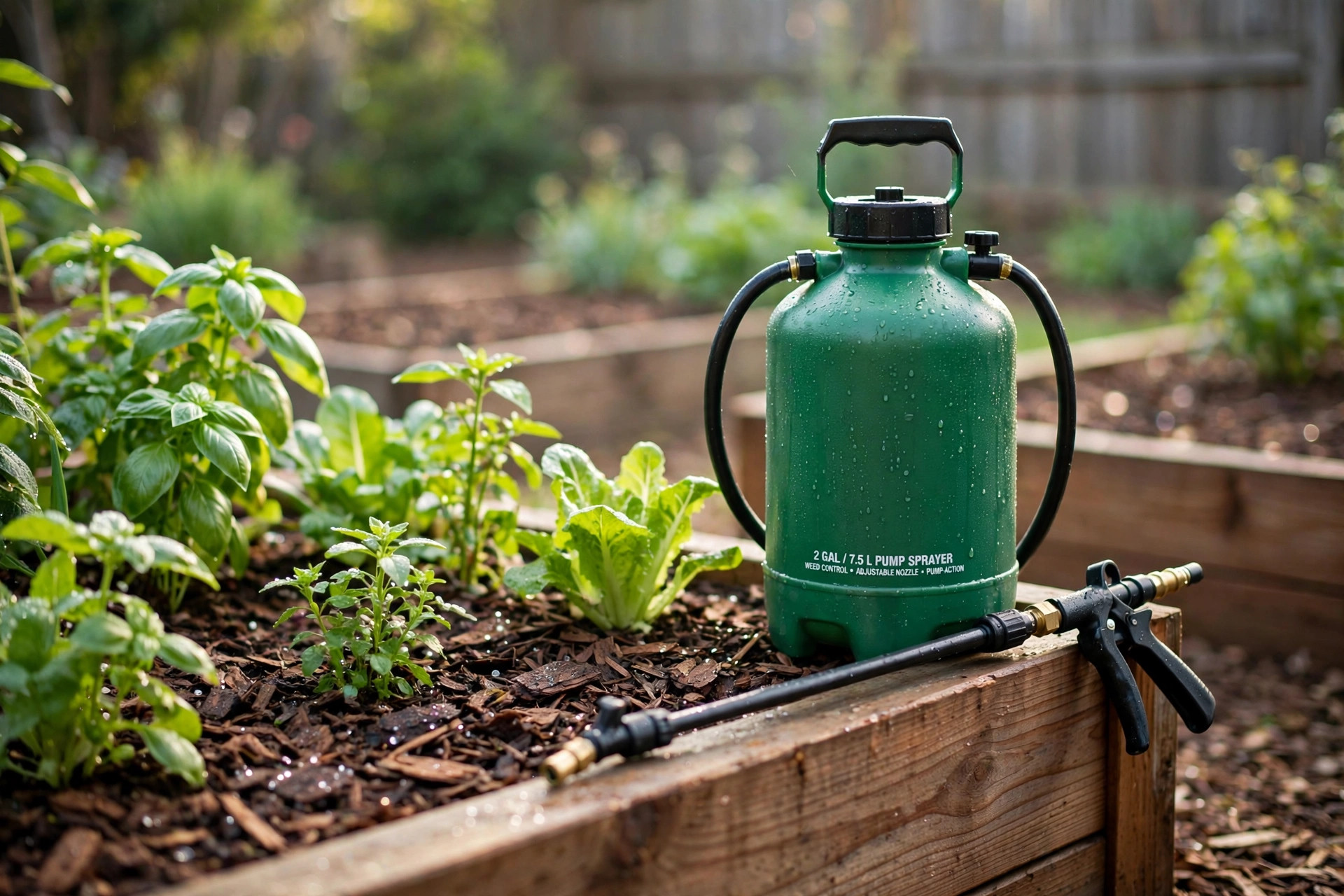 best garden sprayer for weed control: Garden sprayer for weed control beside a raised garden bed