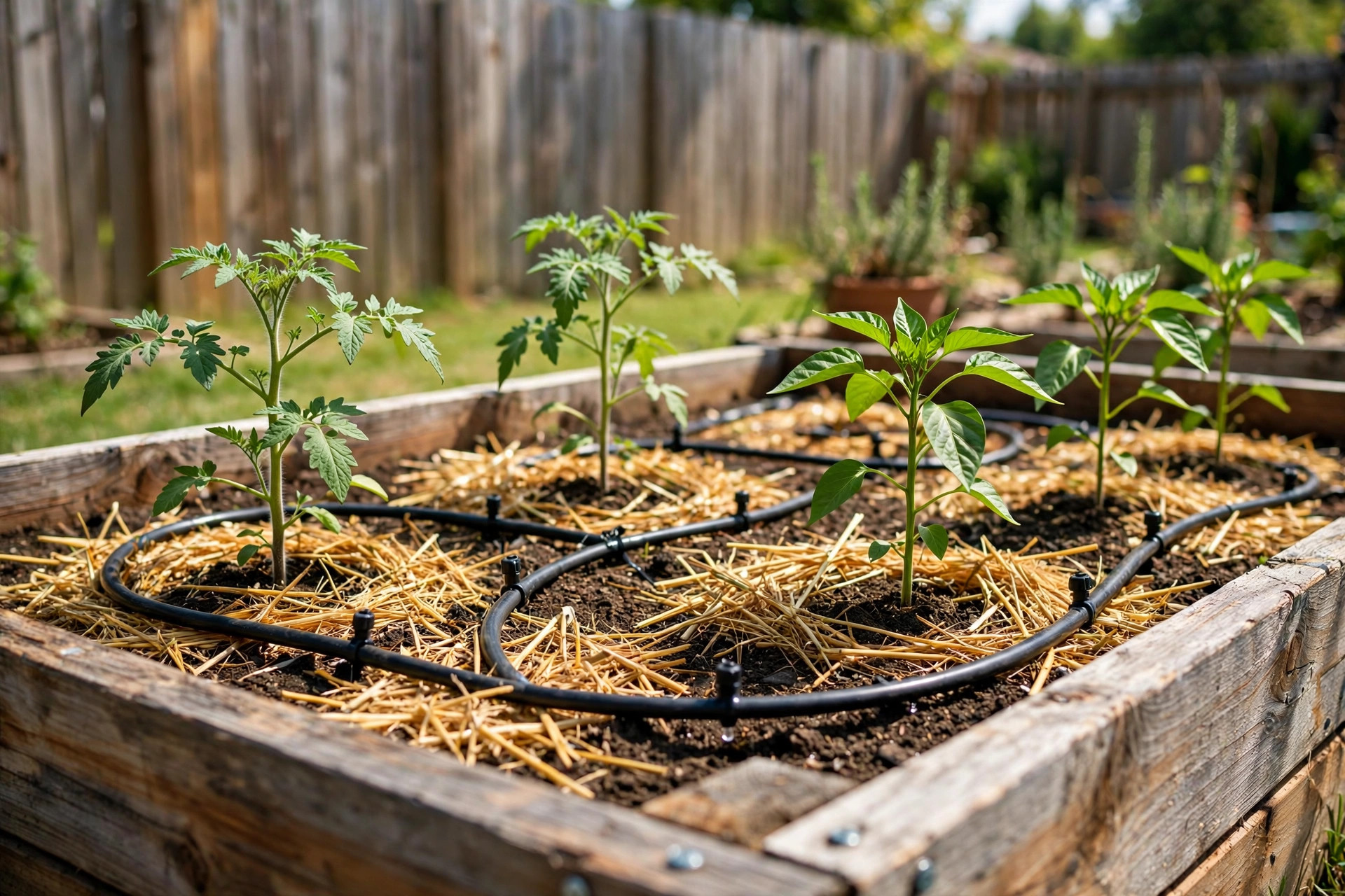 drip irrigation for raised beds diy: Drip irrigation lines watering vegetables in a raised garden bed