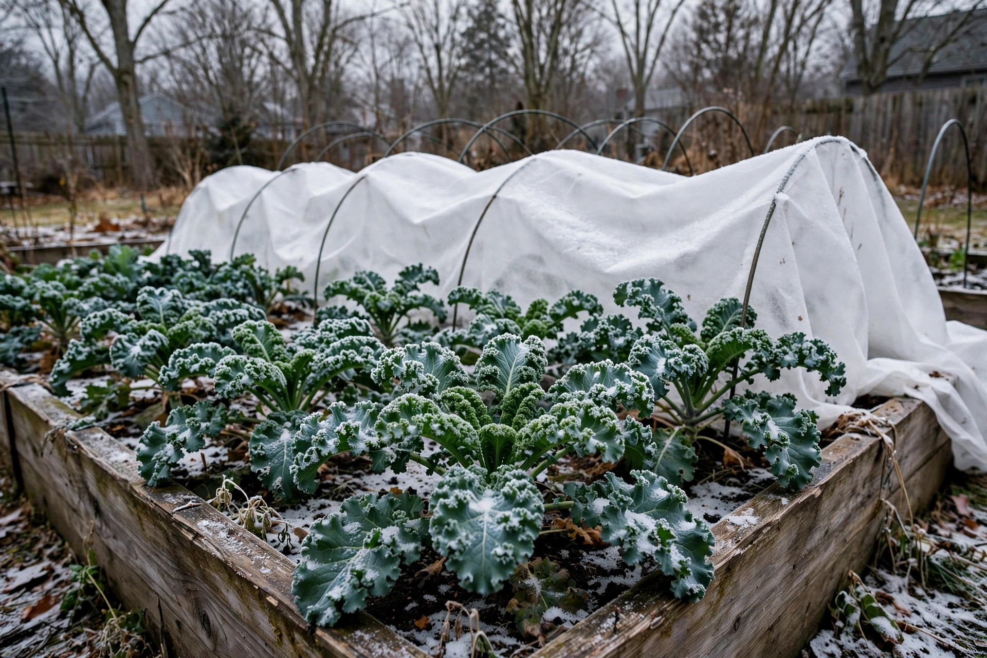 how to grow kale in winter: Kale growing in a winter garden bed with light frost on the leaves