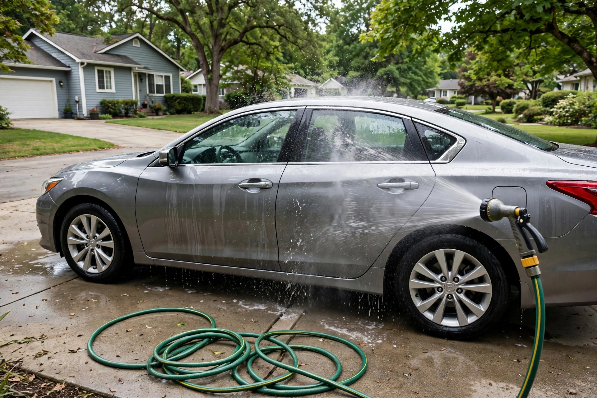 best garden hose for washing car: Garden hose with spray nozzle rinsing a car in a driveway