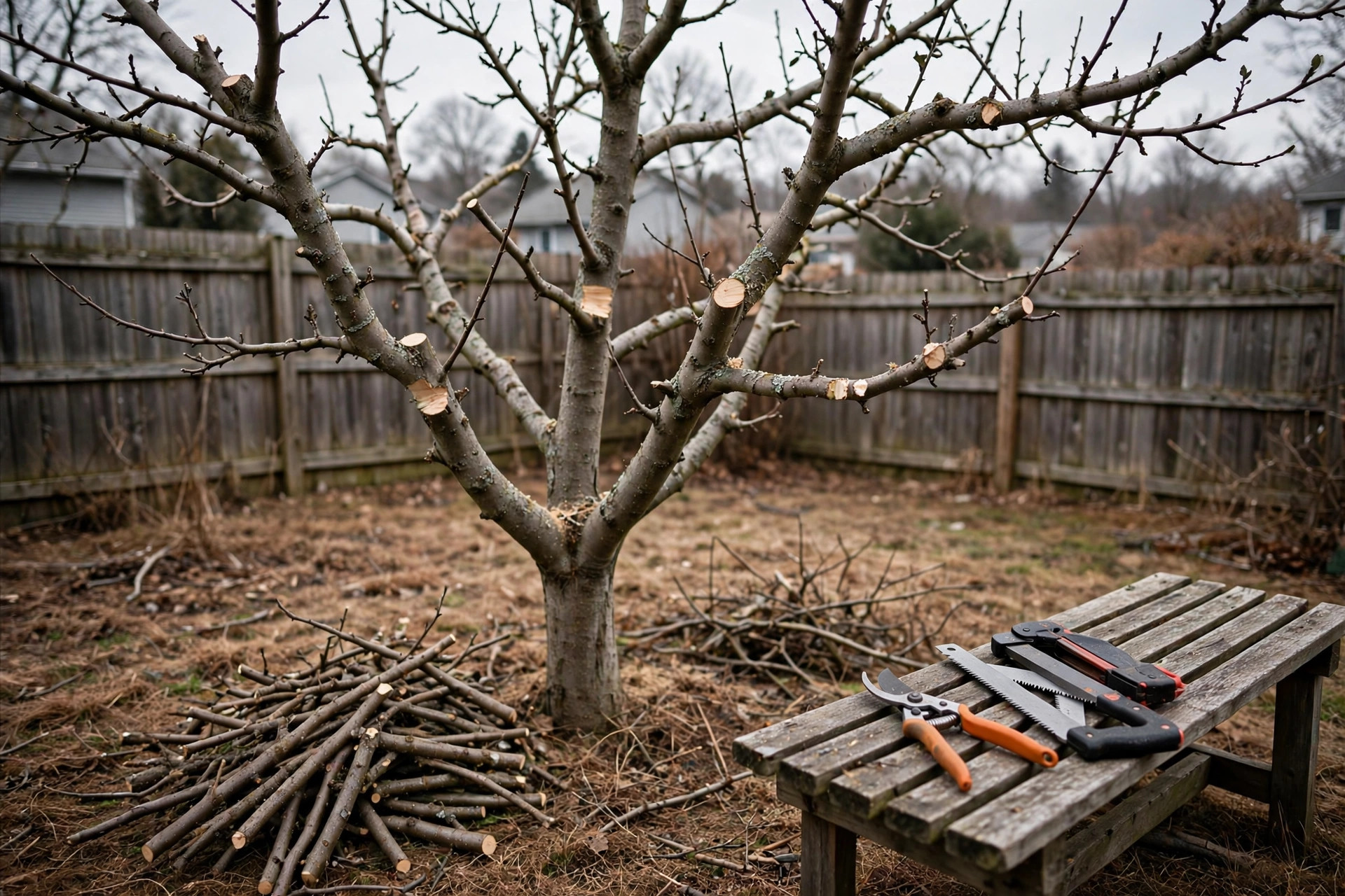 how to prune apple trees winter: Winter apple tree pruning in a snowy backyard orchard